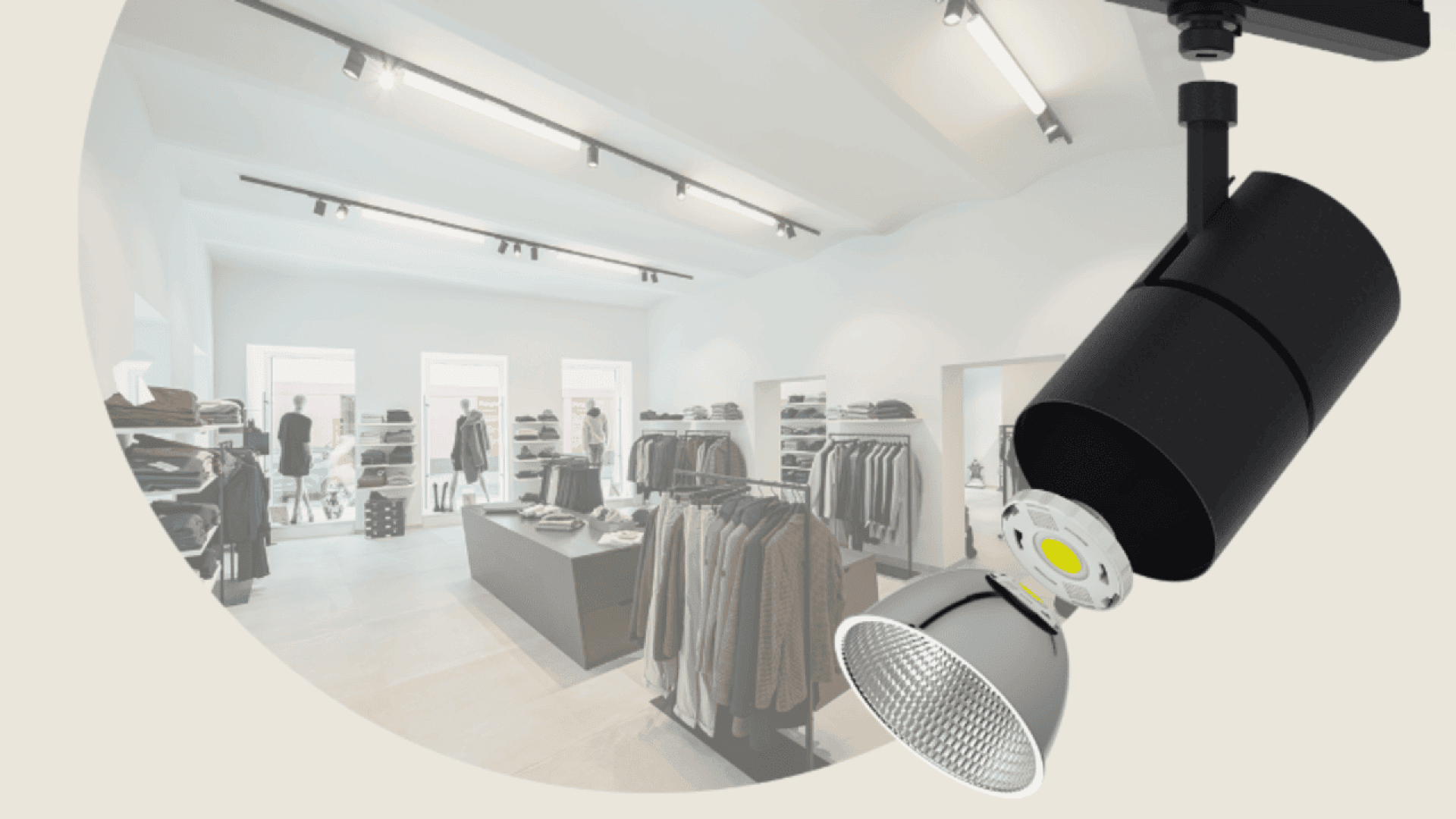 Un magasin de vêtements moderne avec des étagères de vêtements bien rangés et un projecteur au premier plan.