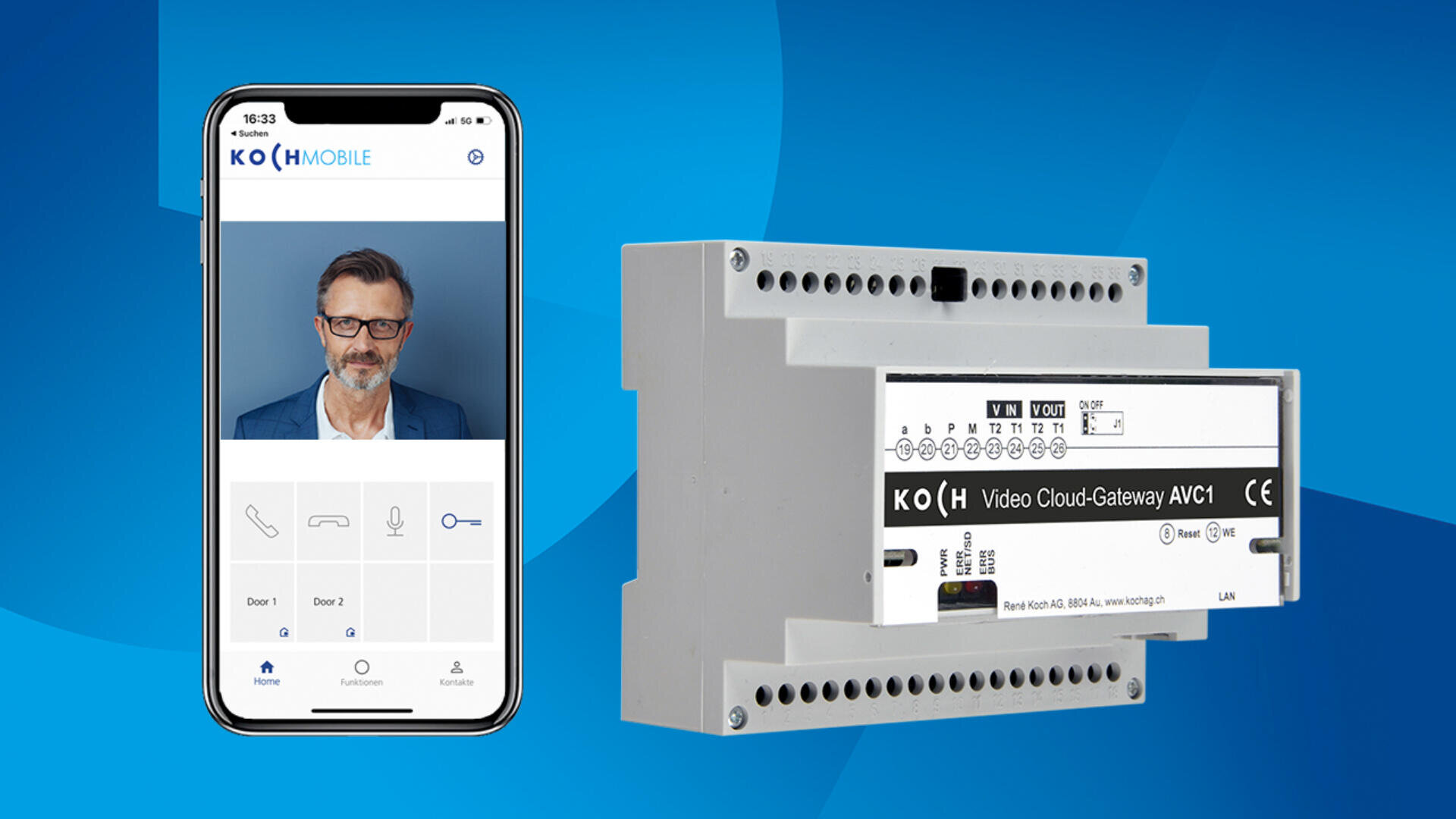 Ein Smartphone, das einen Videoanruf mit einem Mann neben einem elektronischen Gerät mit der Aufschrift Video Cloud-Gateway AVC1 auf blauem Hintergrund anzeigt.