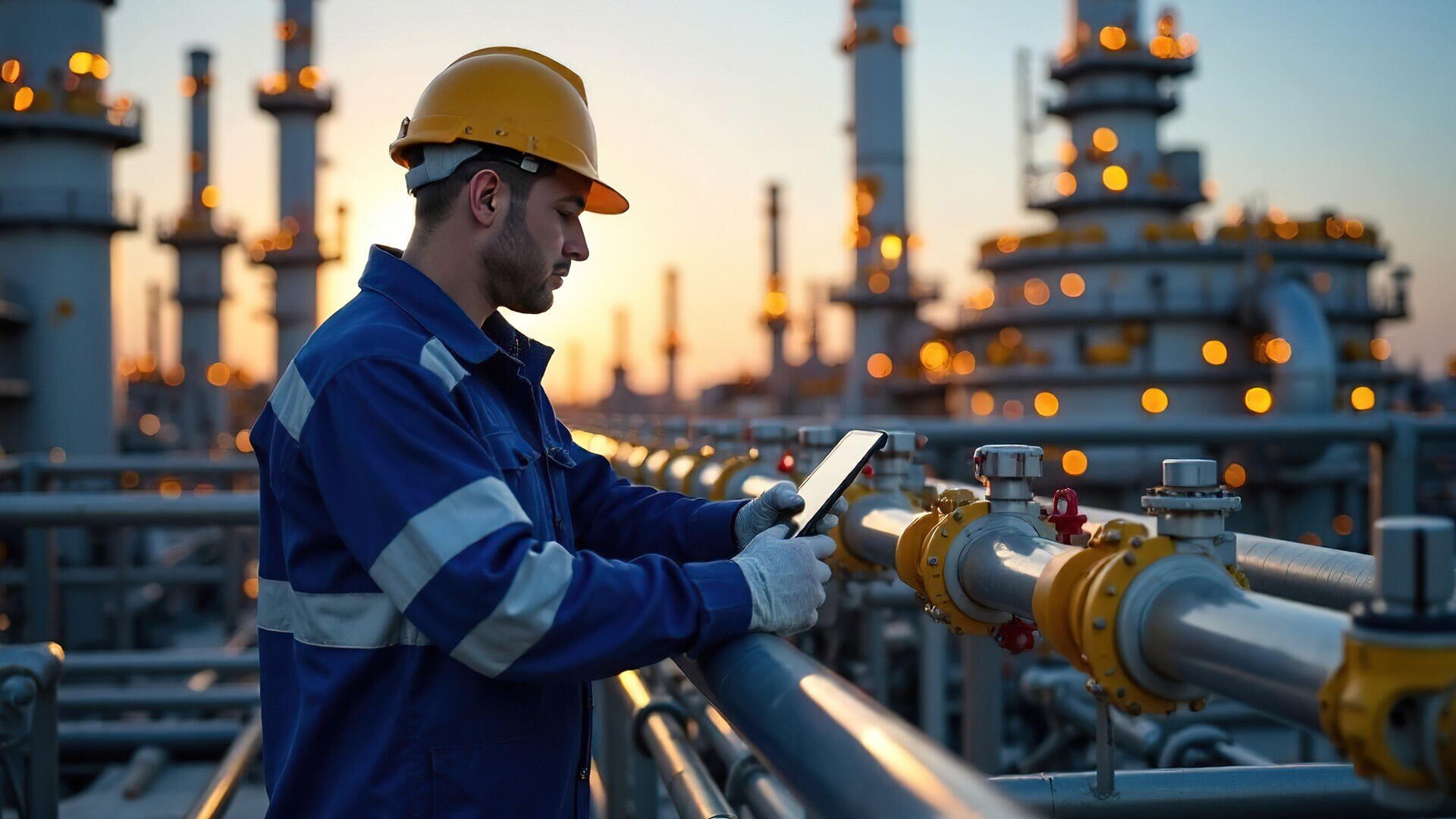 Ein Ingenieur mit Schutzhelm und Sicherheitsausrüstung, der bei Sonnenuntergang auf dem Gelände einer Raffinerie oder eines Werks mithilfe eines Tablets industrielle Rohrleitungen überprüft.