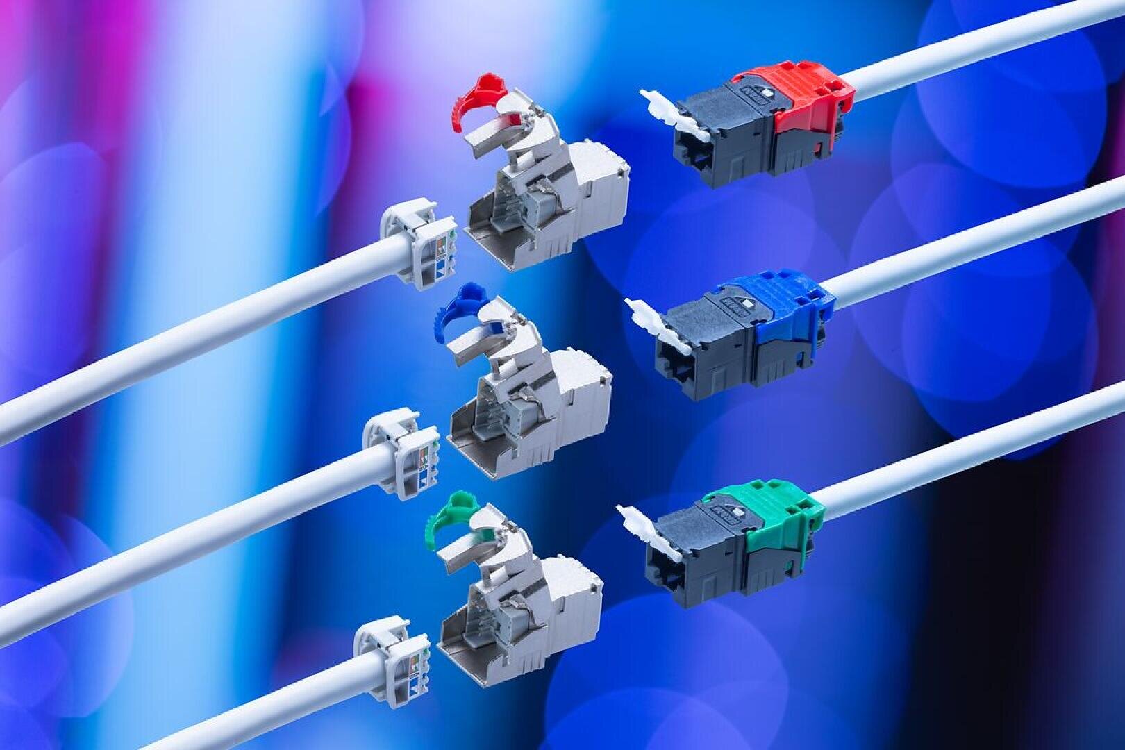 Fünf Netzwerkkabel mit Steckern in verschiedenen Farben - rot, blau, grün, grau und schwarz - werden vor einem blauen Hintergrund mit kreisförmigen Lichteffekten in Netzwerkbuchsen gesteckt.