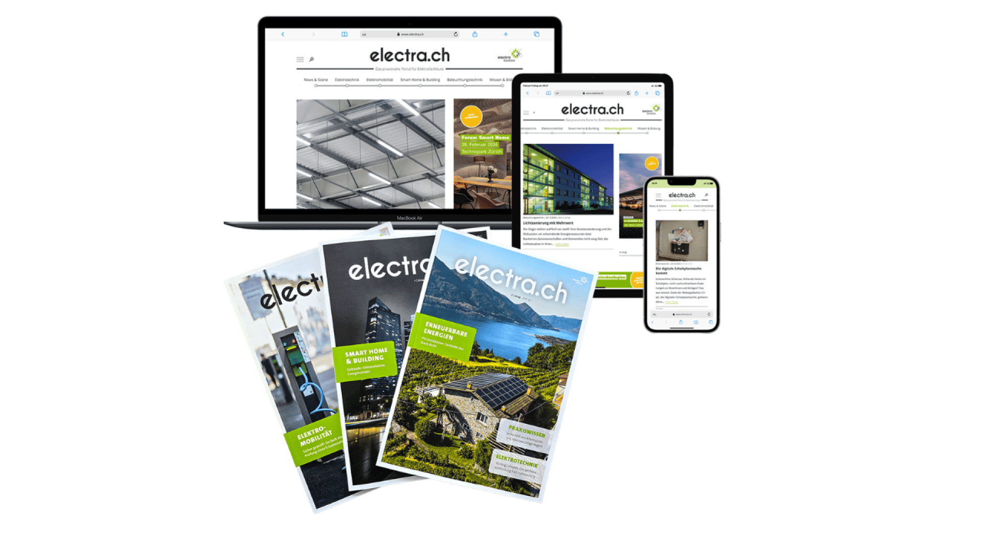 Ein Laptop, ein Tablet und ein Smartphone zeigen die electra.ch-Website an. Davor liegen drei gedruckte electra.ch-Magazine, die sich alle mit Energie- und Technikthemen beschäftigen.