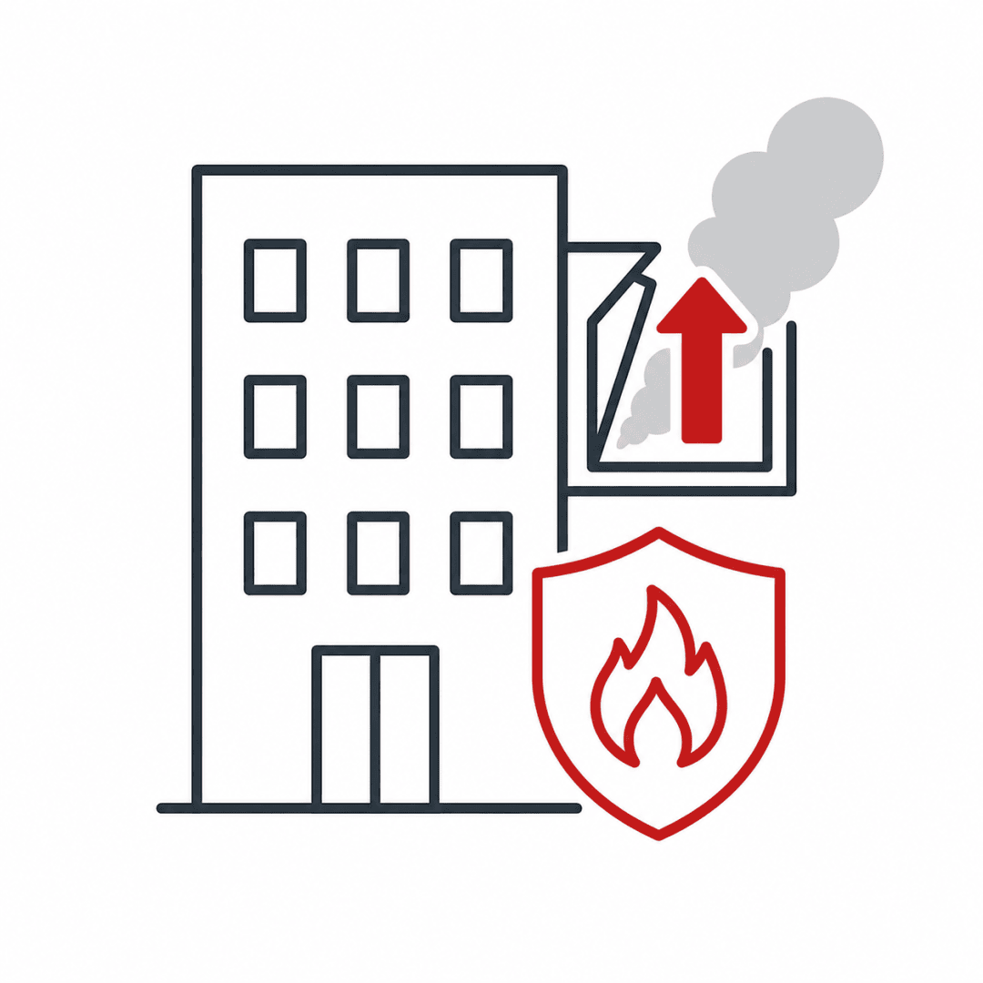 Strichzeichnung eines mehrstöckigen Gebäudes, aus dessen Fenster Rauch und ein roter Pfeil austreten, davor ein Schild mit einem Flammensymbol, das für Brandschutz steht.