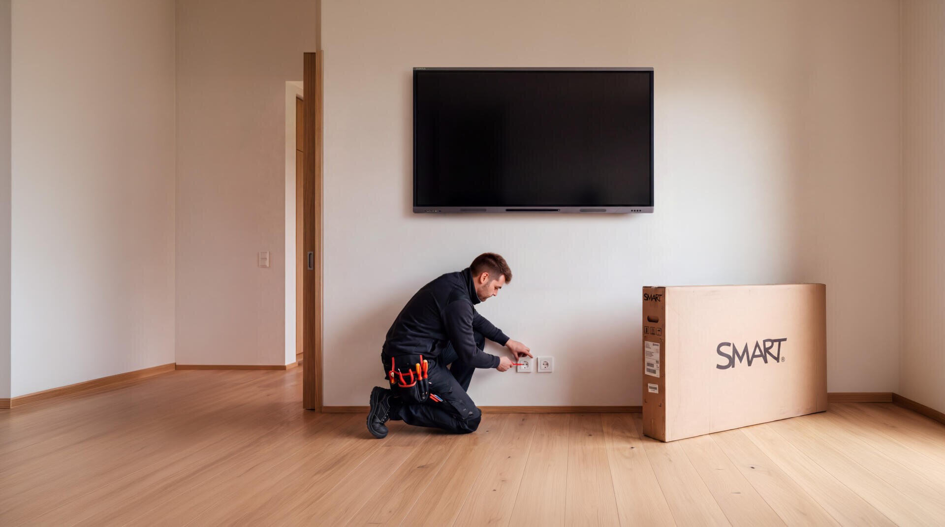 Ein Mann kniet auf dem Parkettboden und bringt unter einem an der Wand befestigten Fernseher eine Steckdose an. Daneben steht ein großer Karton mit der Aufschrift „SMART“ an der Wand. Der Raum ist hell und aufgeräumt.