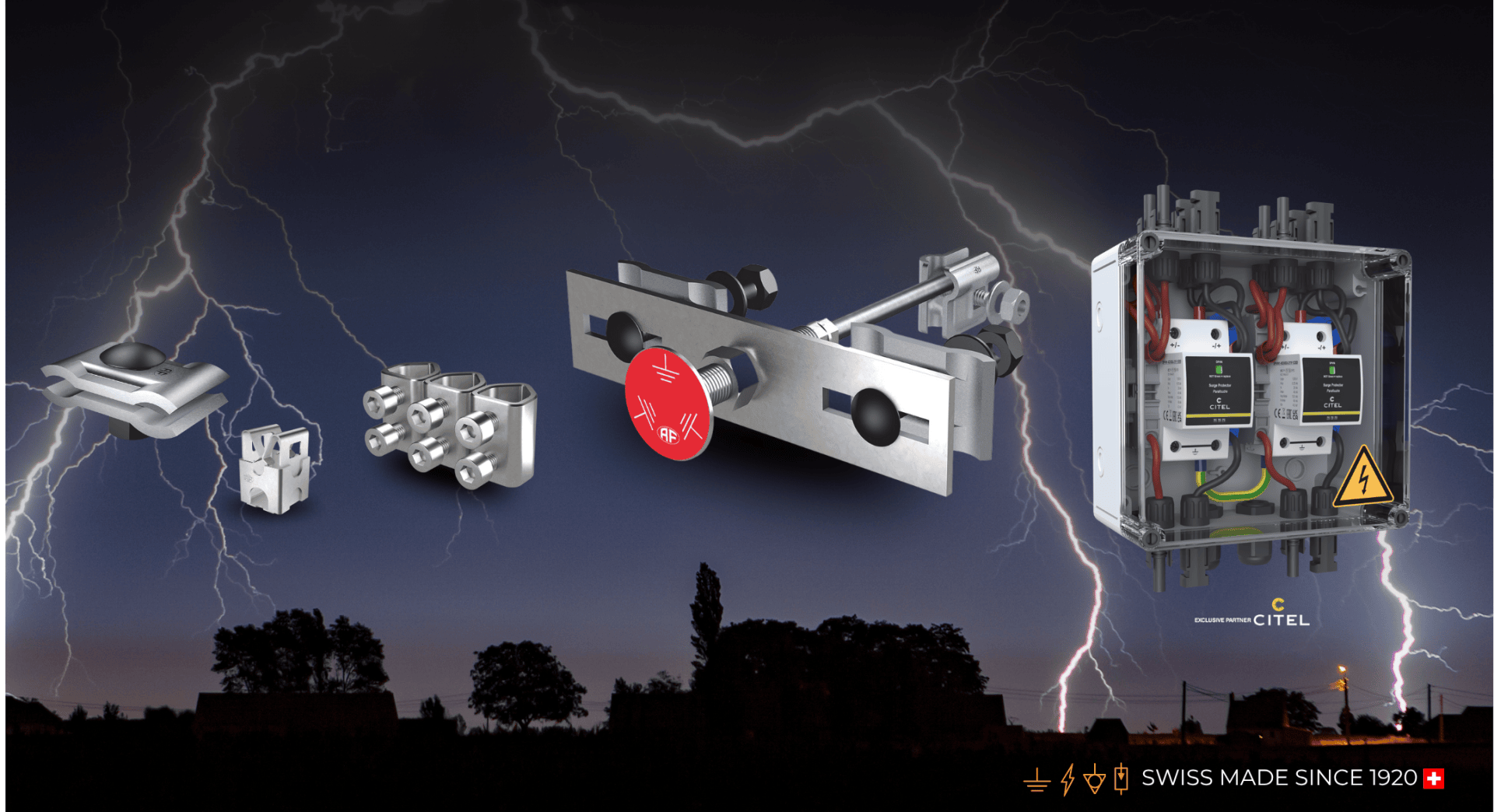 Verschiedene elektrische Metallkomponenten und eine CITEL-Überspannungsschutzbox sind vor einem dunklen, stürmischen Himmel mit Blitzen zu sehen und verdeutlichen damit die Schweizer Ingenieurskunst.
