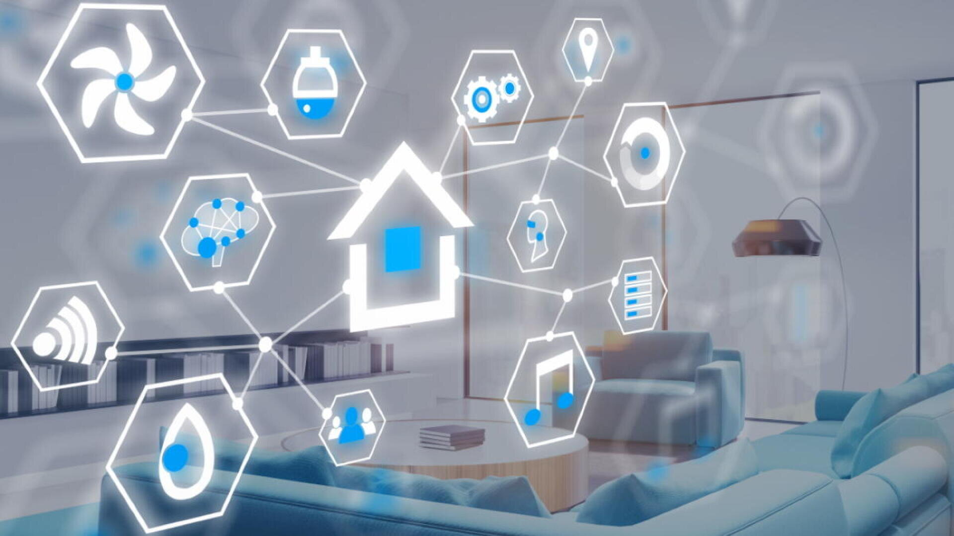 Ein modernes Wohnzimmer mit übereinanderliegenden Smart Home-Symbolen, die verschiedene vernetzte Technologien wie Beleuchtung, Sicherheit, Musik und Klimaanlagen darstellen und das Konzept einer vernetzten Smart Home-Umgebung veranschaulichen.