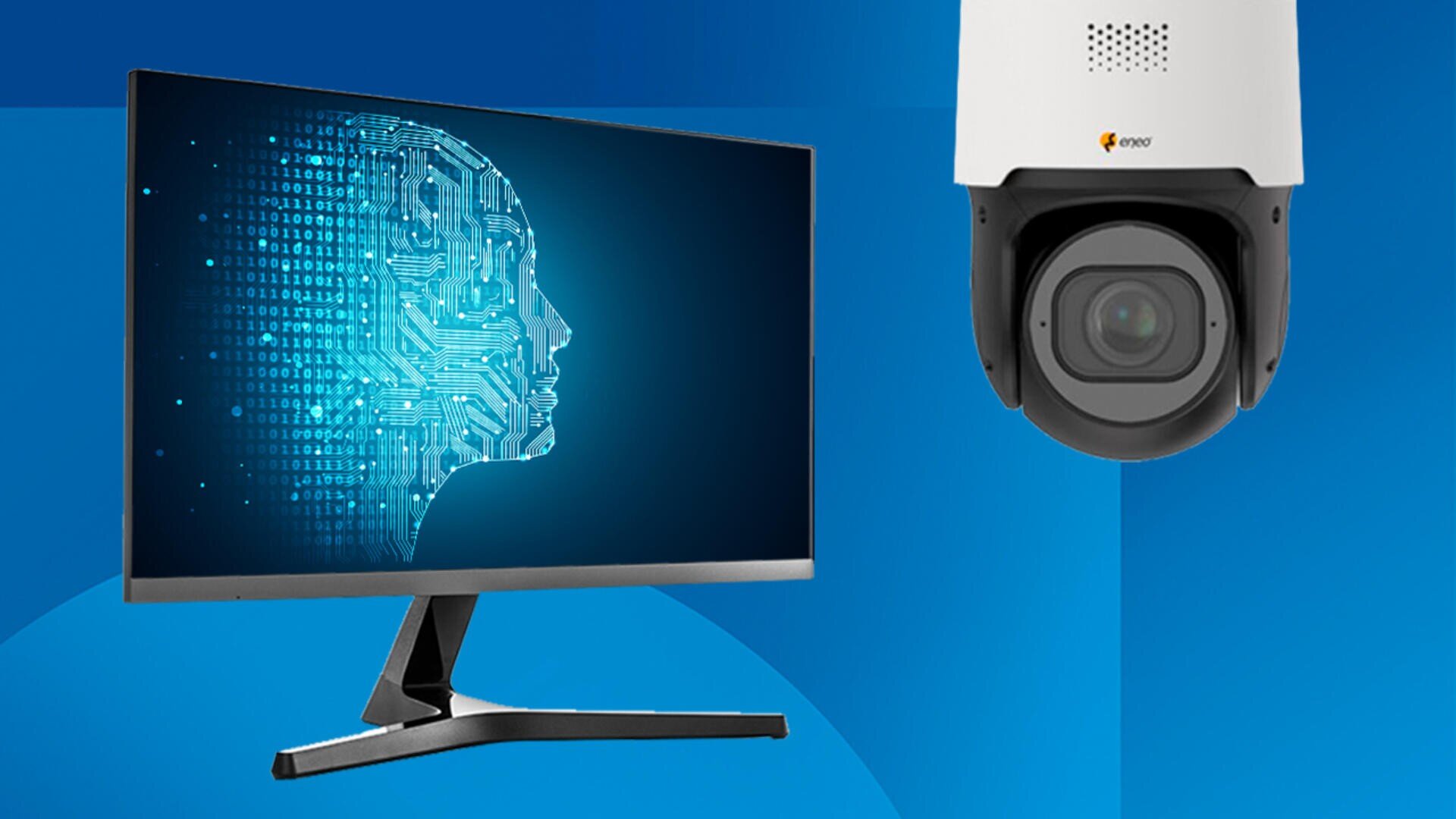 Ein Computermonitor zeigt eine digitale Profilsilhouette mit Schaltkreisen, während eine weiße Überwachungskamera mit Objektiv vor blauem Hintergrund nach vorne gerichtet ist.