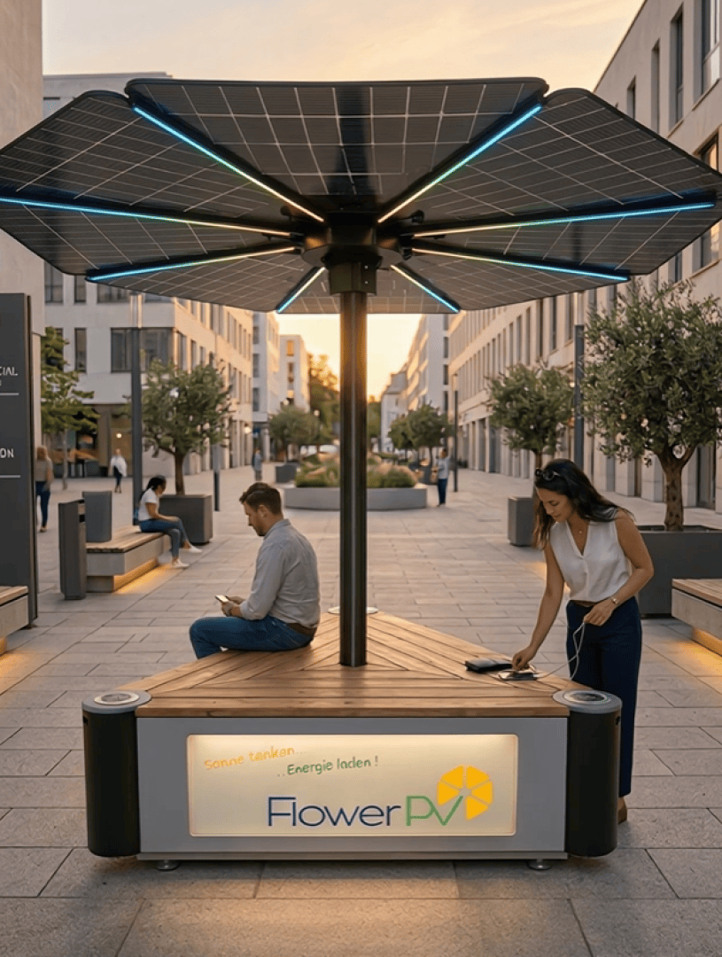 In einer modernen Stadtstraße steht eine solarbetriebene Ladestation in Form einer Blume. Ein Mann sitzt dort und nutzt sein Handy, während eine Frau ihr Gerät auflädt. Auf der Station ist „FlowerPV“ zu lesen, und LED-Leuchten beleuchten das Vordach.