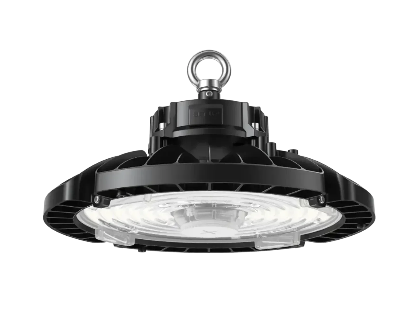 Un luminaire LED noir de style industriel pour rayonnages en hauteur, au design arrondi, doté d'un dissipateur thermique en métal et d'un anneau de fixation argenté sur le dessus, photographié devant un fond blanc sobre.