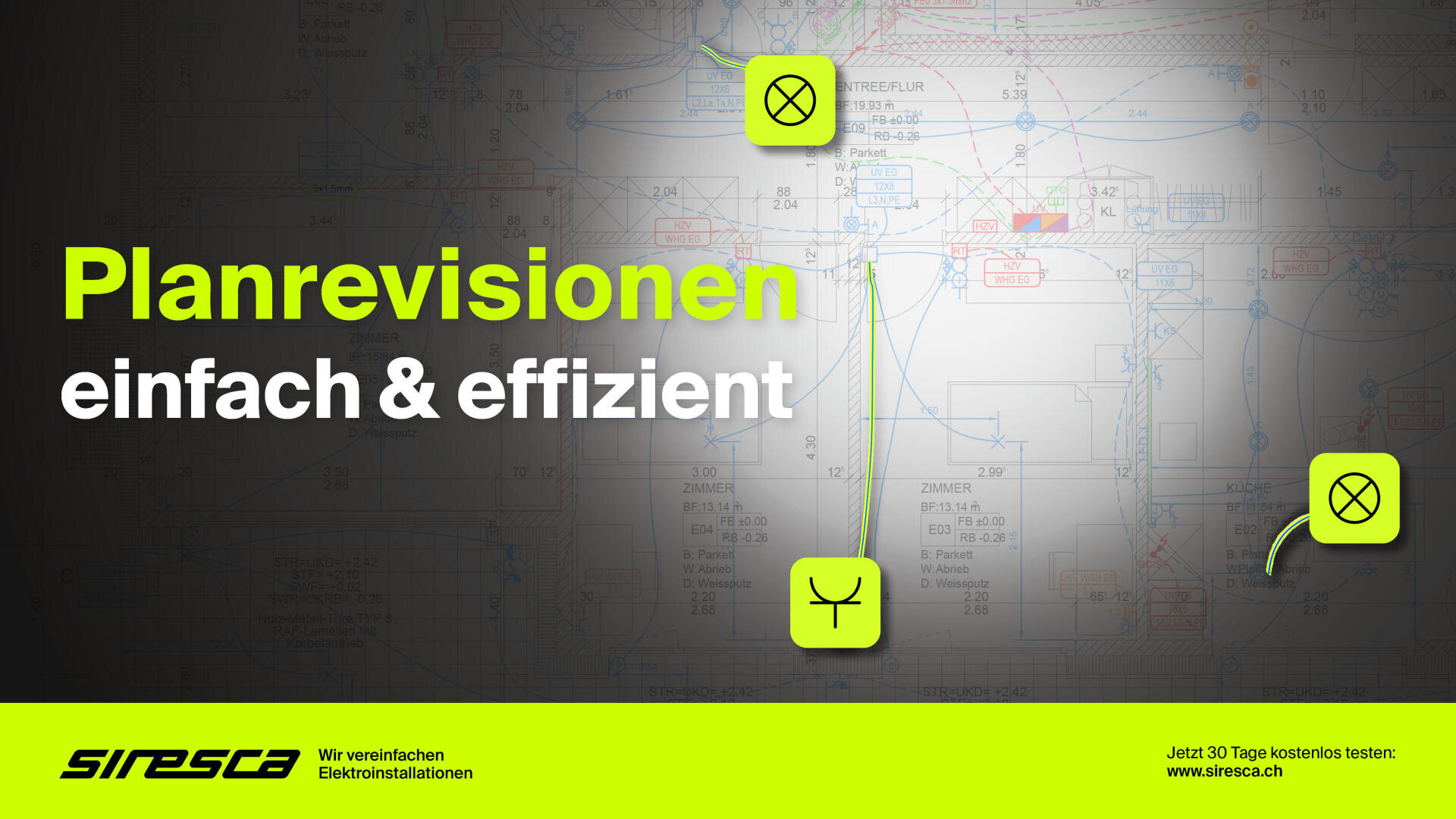 Eine Grafik mit einem technischen Elektroplan im Hintergrund. In großer Schrift steht auf Deutsch: „Planrevisionen einfach & effizient“. Es sind drei Symbole zu sehen, die an elektrische Symbole erinnern, und am unteren Rand befindet sich ein gelber Streifen mit Unternehmensinformationen.