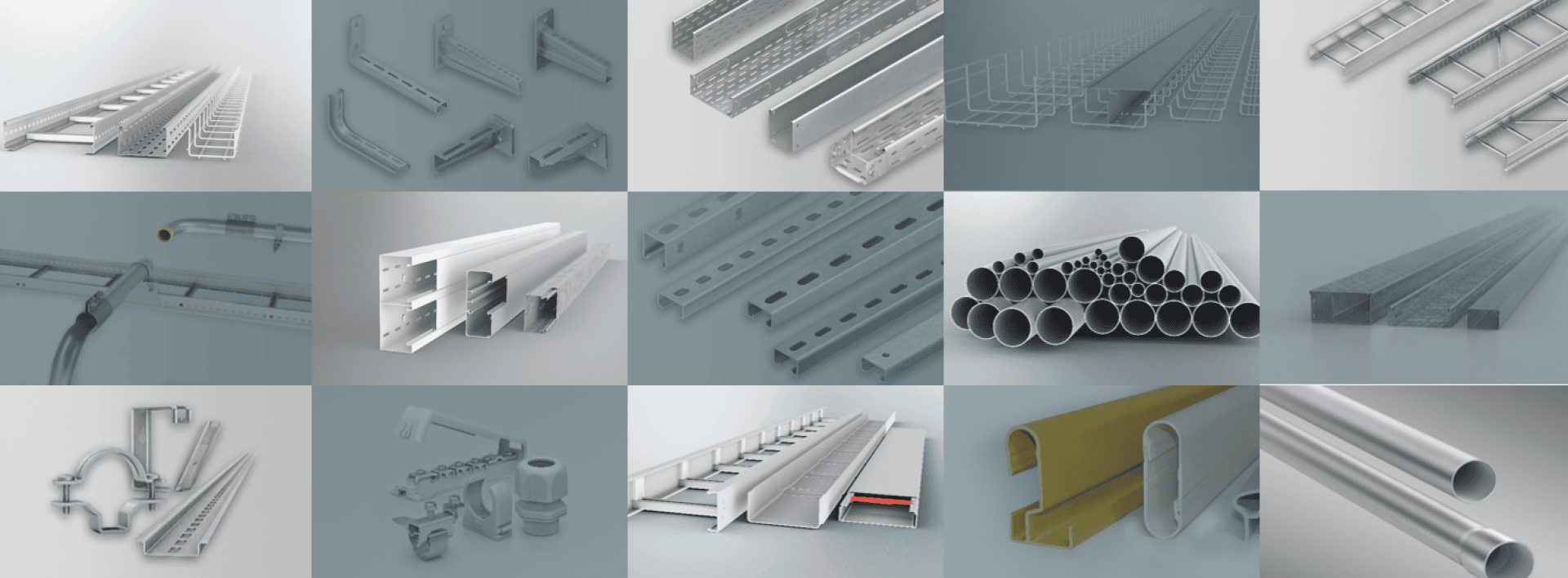 Eine Collage aus fünfzehn Bildern zeigt verschiedene metallische Baumaterialien, darunter Kanäle, Halterungen, Rohre, Strukturrahmen und Verbindungsstücke, alle in unterschiedlichen Größen, Formen und Ausführungen, die in einem Raster auf einem neutralen Hintergrund angeordnet sind.