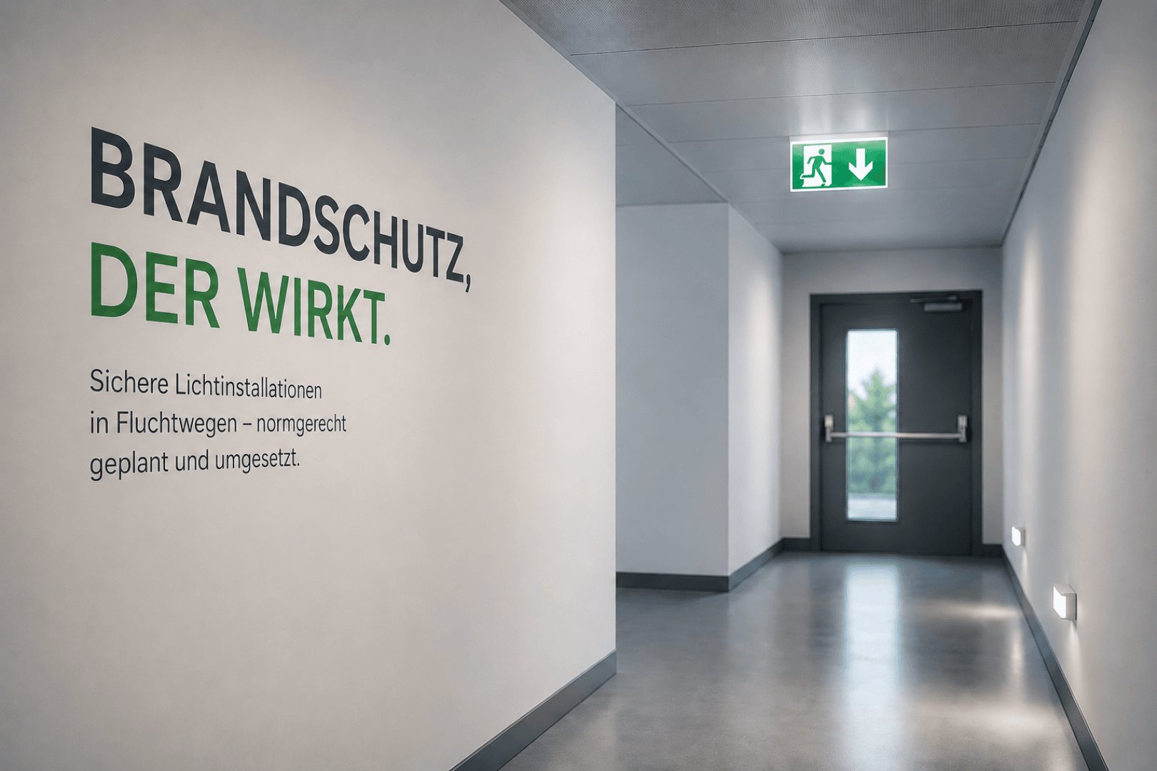 Ein moderner Flur mit weißen Wänden, einer dunklen Tür am Ende, einem beleuchteten grünen Ausgangsschild darüber und einem deutschen Text an der Wand über effektiven Brandschutz und sichere Beleuchtung in Fluchtwegen.