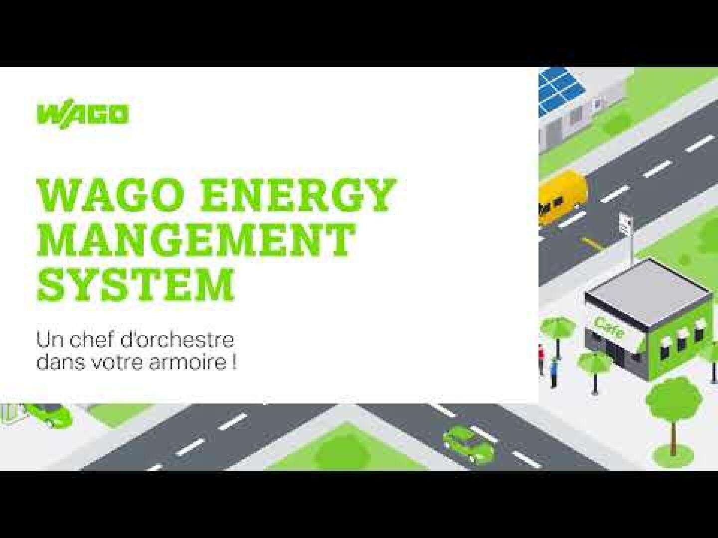 Texte présentant le système de gestion de l'énergie WAGO, accompagné d'un slogan en français, illustré par un dessin représentant des routes, des véhicules, des arbres et un café dans un décor urbain.
