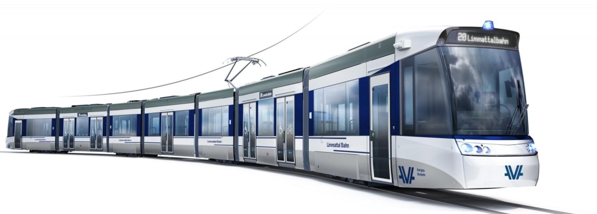 Un tramway moderne bleu et blanc, composé de plusieurs voitures reliées entre elles, circule sur des voies électriques, avec « 20 Lommedalen » affiché sur son panneau de destination.