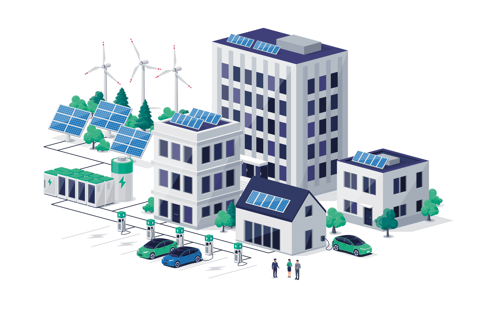 Illustration d'une zone urbaine moderne et respectueuse de l'environnement, avec des bâtiments équipés de panneaux solaires, d'éoliennes, de stations de recharge pour voitures électriques et de personnes se tenant à côté de véhicules électriques garés.