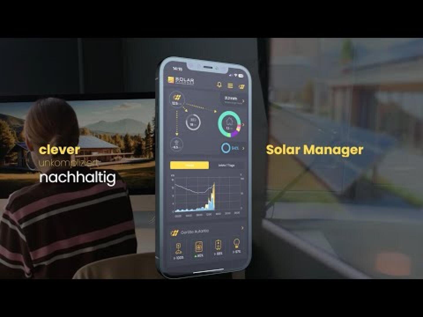 Ein Smartphone zeigt eine Solarmanagement-App mit Diagrammen und Daten an. Im Hintergrund sitzt eine Person an einem Schreibtisch und blickt auf einen Bildschirm, der eine Landschaft zeigt. Der Text auf dem Bild lautet clever nachhaltig und Solar Manager.