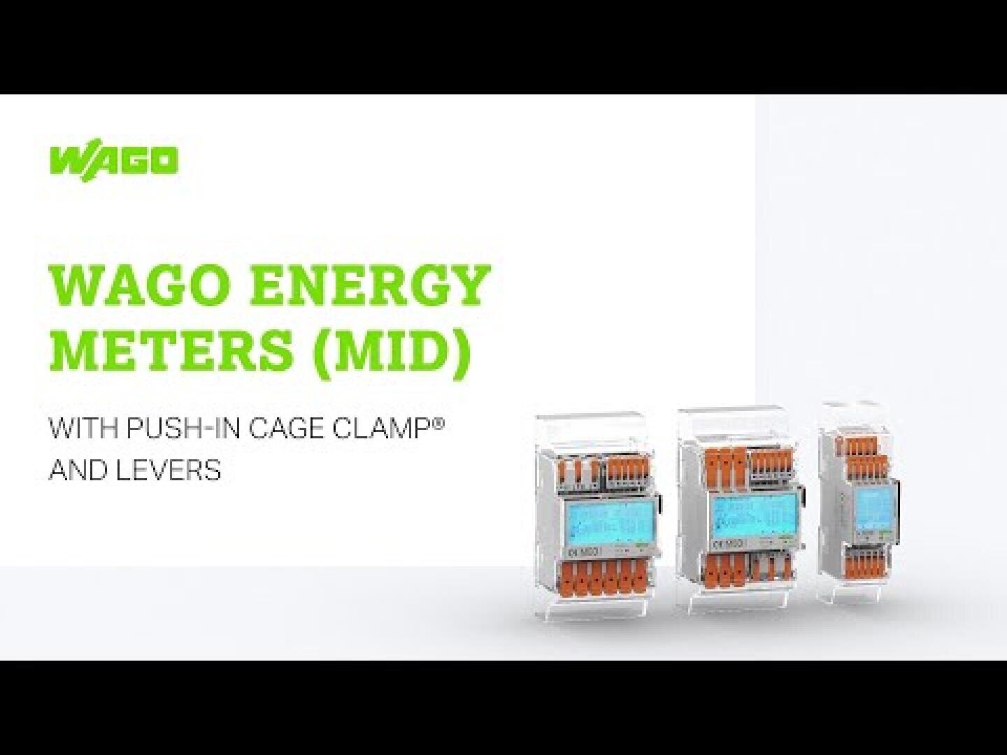 Trois compteurs d'énergie WAGO avec une pince à cage et des leviers sont affichés sur un fond blanc avec un texte vert indiquant WAGO Energy Meters (MID).