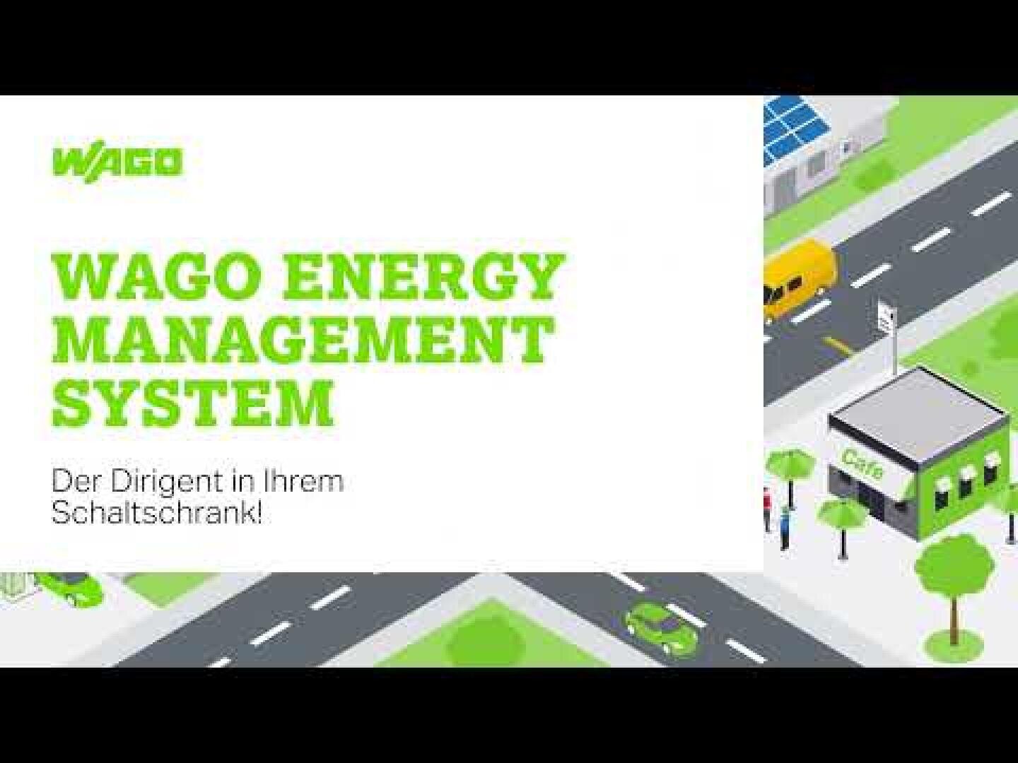 Anzeige für das WAGO-Energiemanagementsystem mit Abbildungen von Straßen, Autos und einem Café; der deutsche Text lautet: „Der Dirigent in Ihrem Schaltschrank!“.
