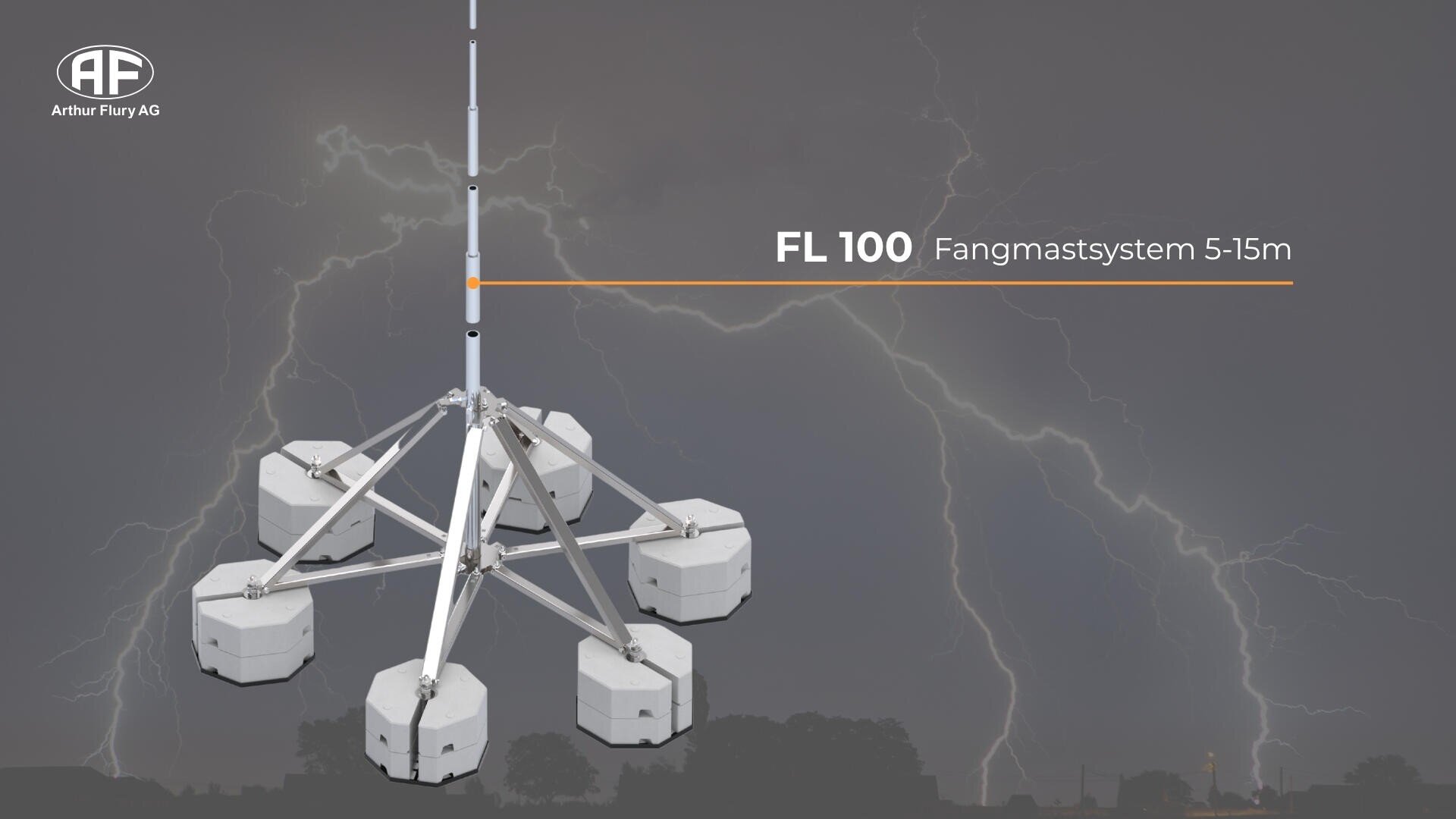 Vor einem stürmischen Himmel mit sichtbaren Blitzen steht ein Metall-Blitzschutzmastsystem mit der Bezeichnung FL 100. In der oberen linken Ecke ist das Logo der Arthur Flury AG zu sehen.