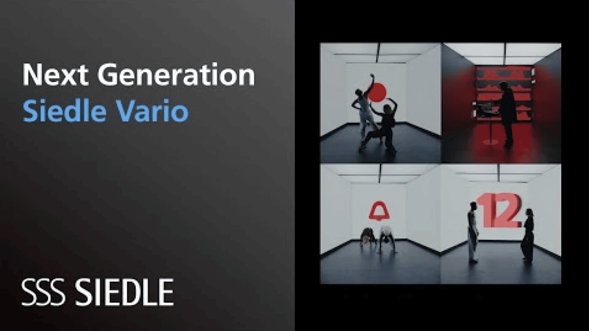 A gauche, un graphique avec Siedle Vario nouvelle génération et SSS Siedle, et à droite, quatre images de personnes interagissant avec des symboles numériques tels qu'un cercle rouge, des carrés rouges, une cloche et le chiffre 12, dans une pièce minimaliste.
