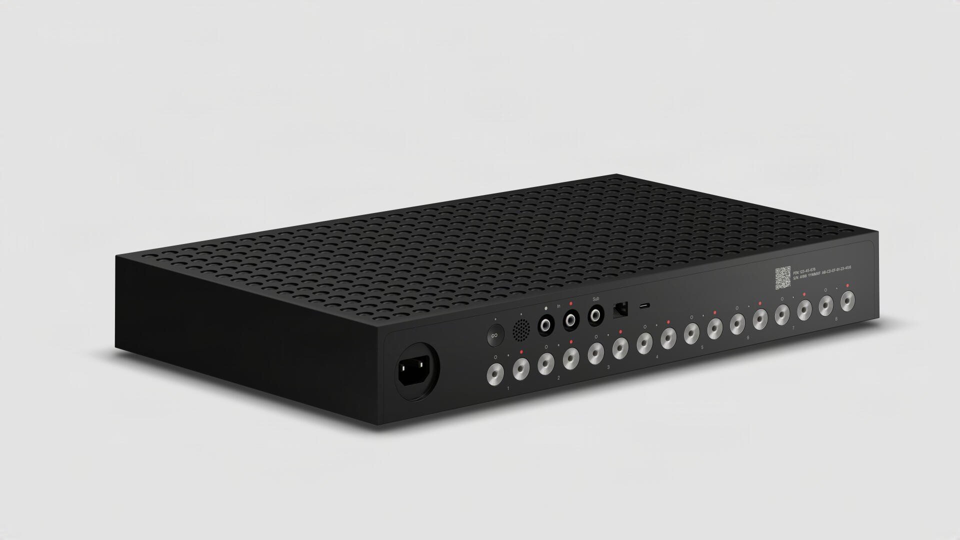 Une boîte noire pour les appareils audiovisuels, avec plusieurs connecteurs d'entrée et de sortie sur la face avant, y compris des prises audio, des boutons et une prise de courant, sur un fond clair et sobre.