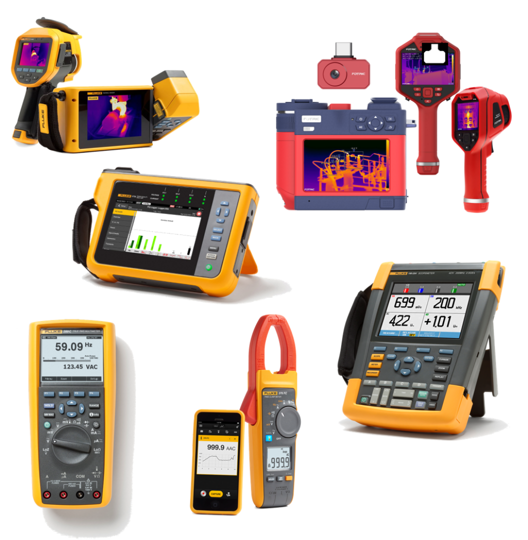 Eine Sammlung von elektronischen Testinstrumenten, darunter Multimeter, Zangenmessgeräte, Wärmebildkameras, ein Oszilloskop und ein Gerät mit grafischer Anzeige, alle in gelben und roten Gehäusen, angeordnet auf weißem Hintergrund.