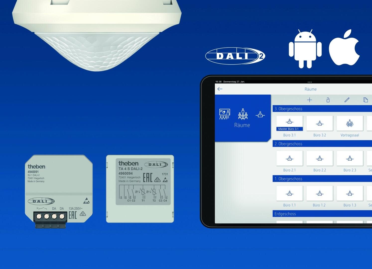 Un capteur de mouvement, deux modules de commande DALI et une tablette avec une interface pour une application de gestion de bâtiment sont présentés sur un fond bleu avec les logos DALI, Android et Apple en haut à droite.