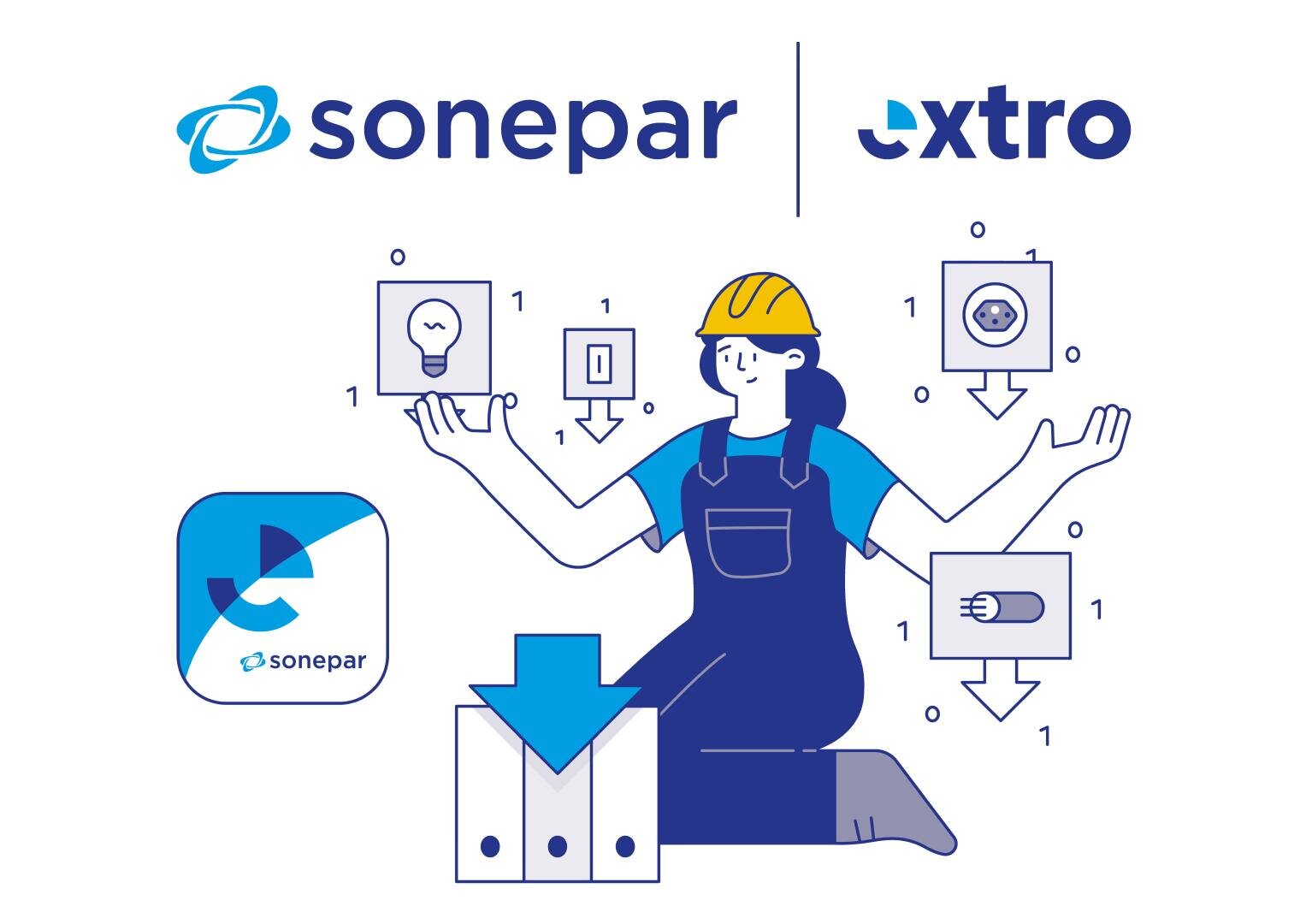 Illustration représentant une personne en salopette et casque de chantier, entourée de symboles électriques, avec les logos Sonepar et Extro en haut et une flèche bleue pointant vers des dossiers situés devant elle.