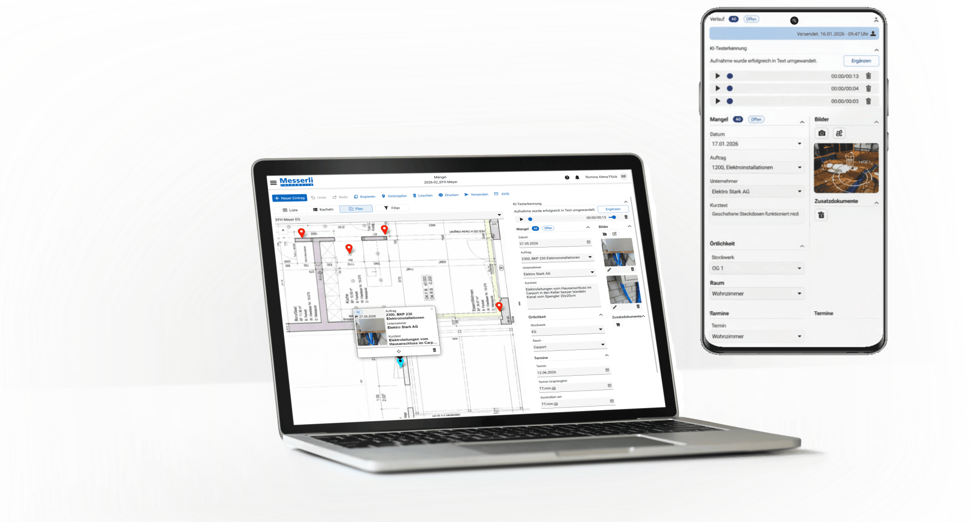 Ein Laptop und ein Smartphone zeigen eine Baumanagement-Softwareoberfläche mit Grundrissen, Aufgaben und Bildern vor einem schlichten weißen Hintergrund.
