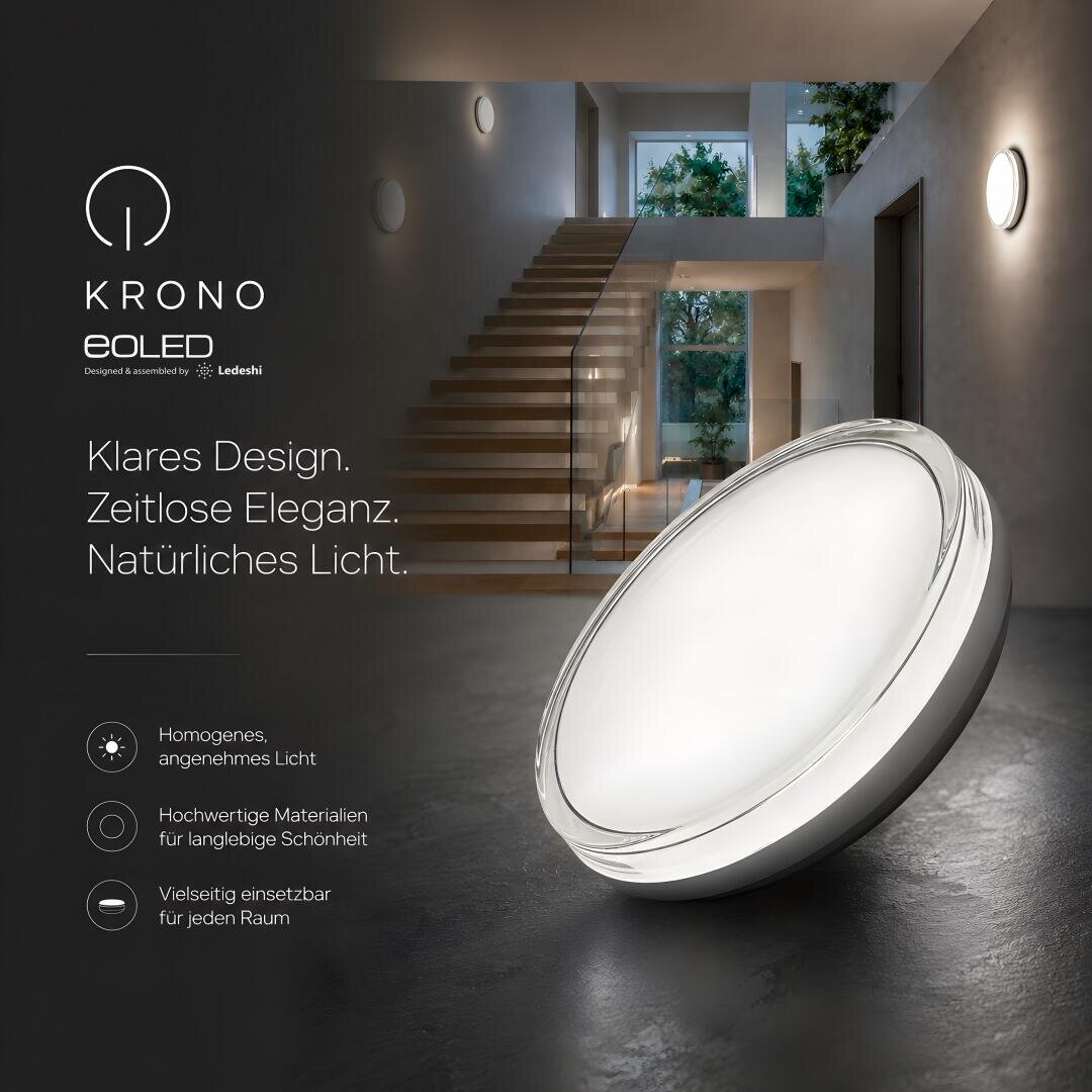 Au premier plan, on peut voir une applique murale LED ronde et moderne. En arrière-plan, on peut voir une ambiance d'habitation stylée avec une cage d'escalier, de grandes fenêtres et plusieurs appliques murales. Le texte met en valeur le design et les fonctions du produit.