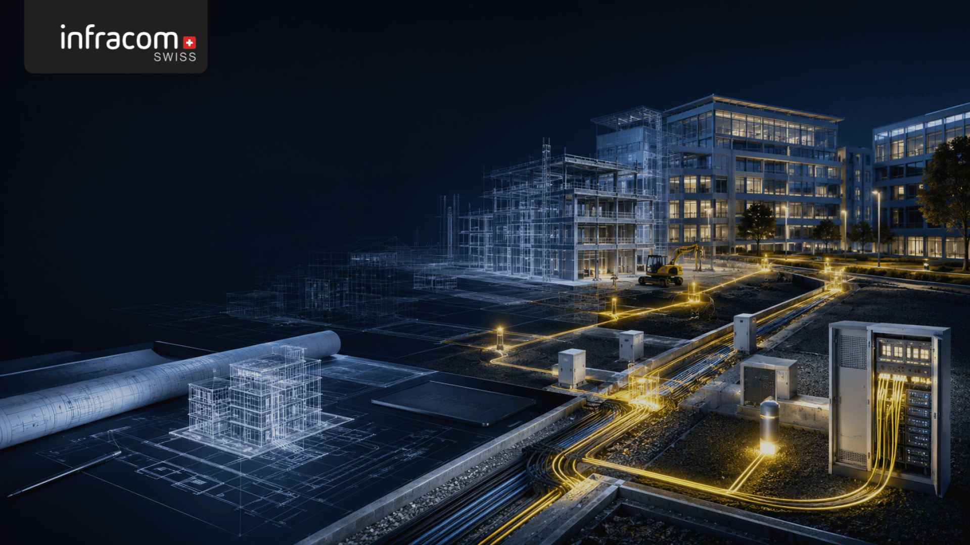 Eine digitale Darstellung zeigt, wie aus Bauplänen eine Baustelle mit modernen Büros entsteht, wobei leuchtende Linien Daten- oder Energieflüsse symbolisieren und das infracom SWISS-Logo in der oberen linken Ecke zu sehen ist.