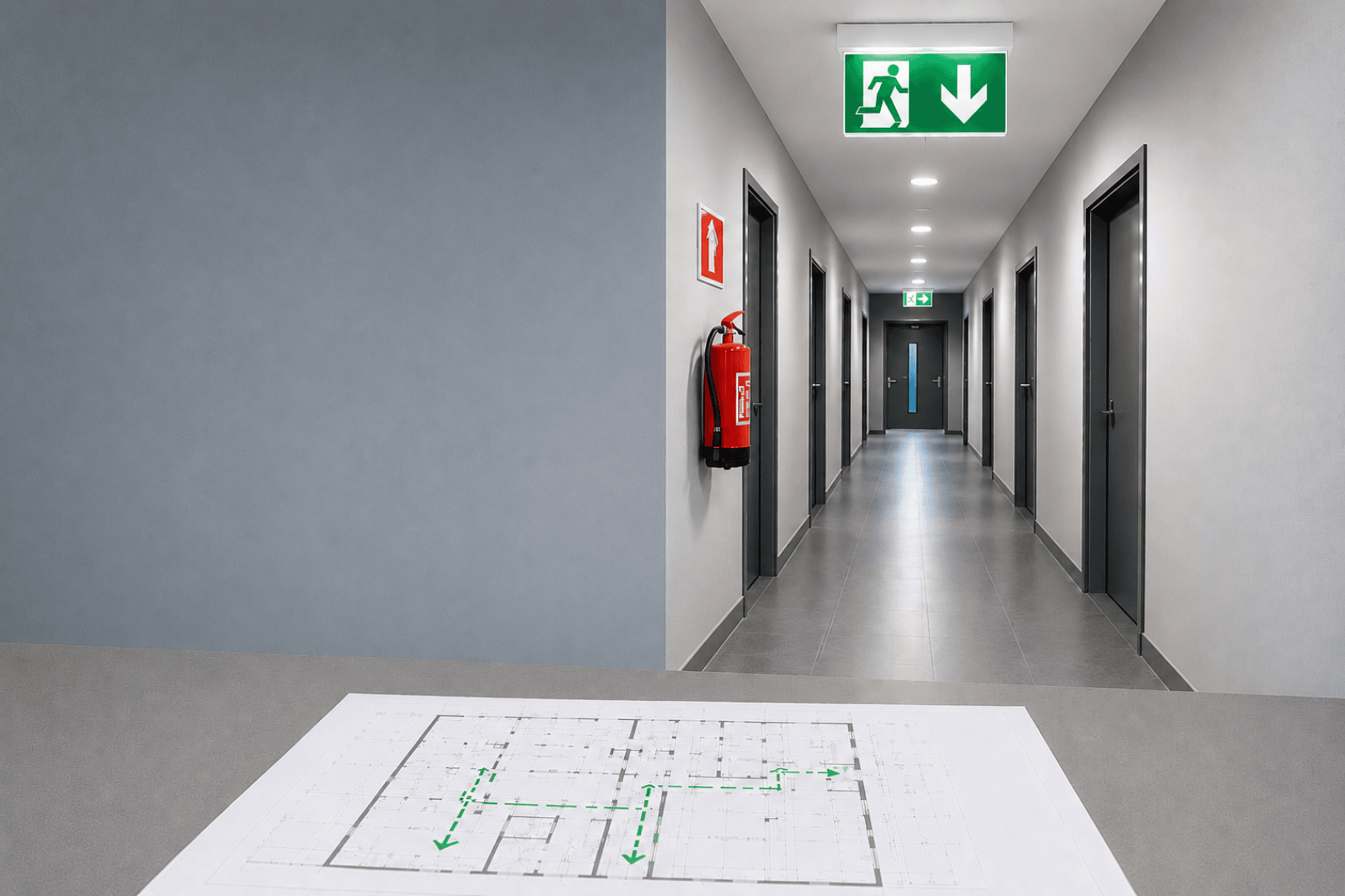 Ein Flur in einem Gebäude mit grauen Wänden und mehreren Türen, an dessen Decke ein Feuerlöscher und Notausgangsschilder angebracht sind. Im Vordergrund ist auf einem Tresen ein Fluchtplan zu sehen.