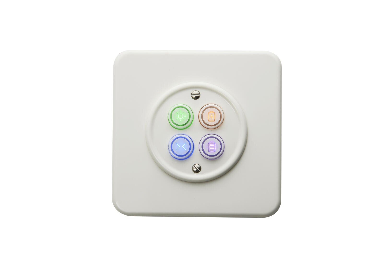 Ein weißes, an der Wand montiertes Bedienfeld mit vier runden, farbigen Tasten, die jeweils ein anderes Symbol zeigen: eine grüne Glühbirne, eine orangefarbene Glocke, ein blaues Gebläse und eine lila Batterie.