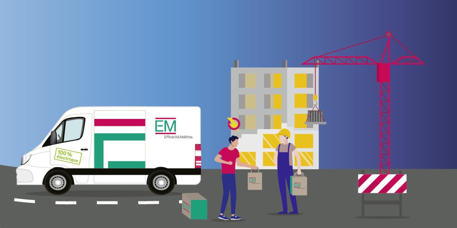 Illustration représentant deux personnes sur un chantier de construction : l'une tend une boîte tandis que l'autre tient un sac portant la mention « EM ». Une camionnette blanche portant les inscriptions « EM » et « 100 % électrique » est garée à proximité, avec une grue et un bâtiment en cours de construction en arrière-plan.