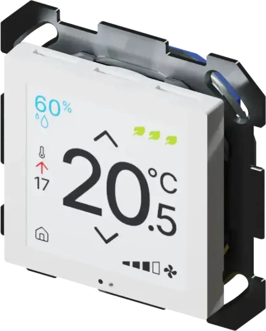 Ein digitales Thermostat zeigt 20,5 °C an, 60 % Luftfeuchtigkeit, einen roten Pfeil, der bei der Zahl 17 nach oben zeigt, ein Haussymbol sowie mehrere Symbole für Bedienfunktionen und Lüftungsmodi auf einem weißen Bildschirm, der von einem schwarzen Einbaurahmen umgeben ist.