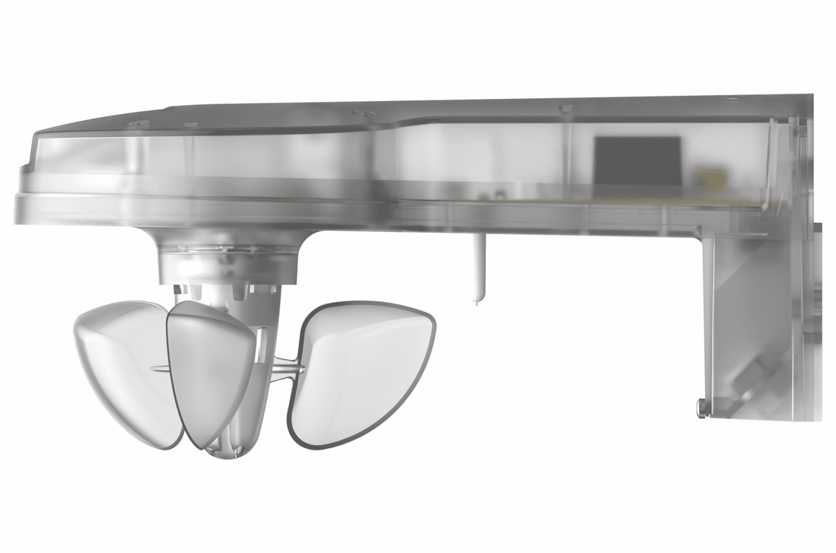 Ein transparentes, an der Wand befestigtes Gerät mit drei flügelartigen Bauteilen, wahrscheinlich ein Sensor oder ein Messgerät, vor weißem Hintergrund.