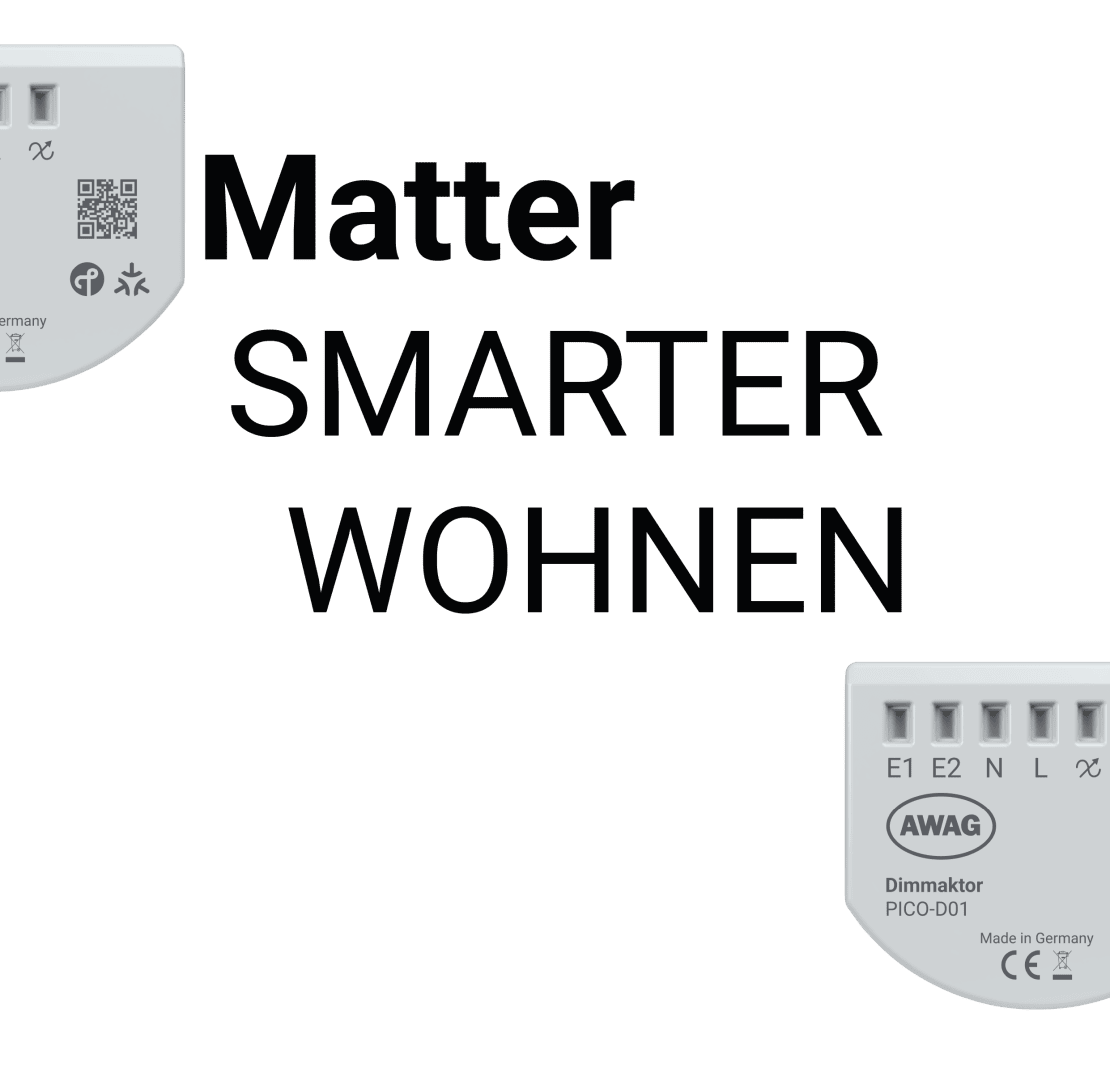 Fond blanc avec l'inscription « Matter SMARTER WOHNEN » en caractères noirs gras. Dans les coins supérieur gauche et inférieur droit, on aperçoit des vues partielles de deux modules d'appareils électroniques.