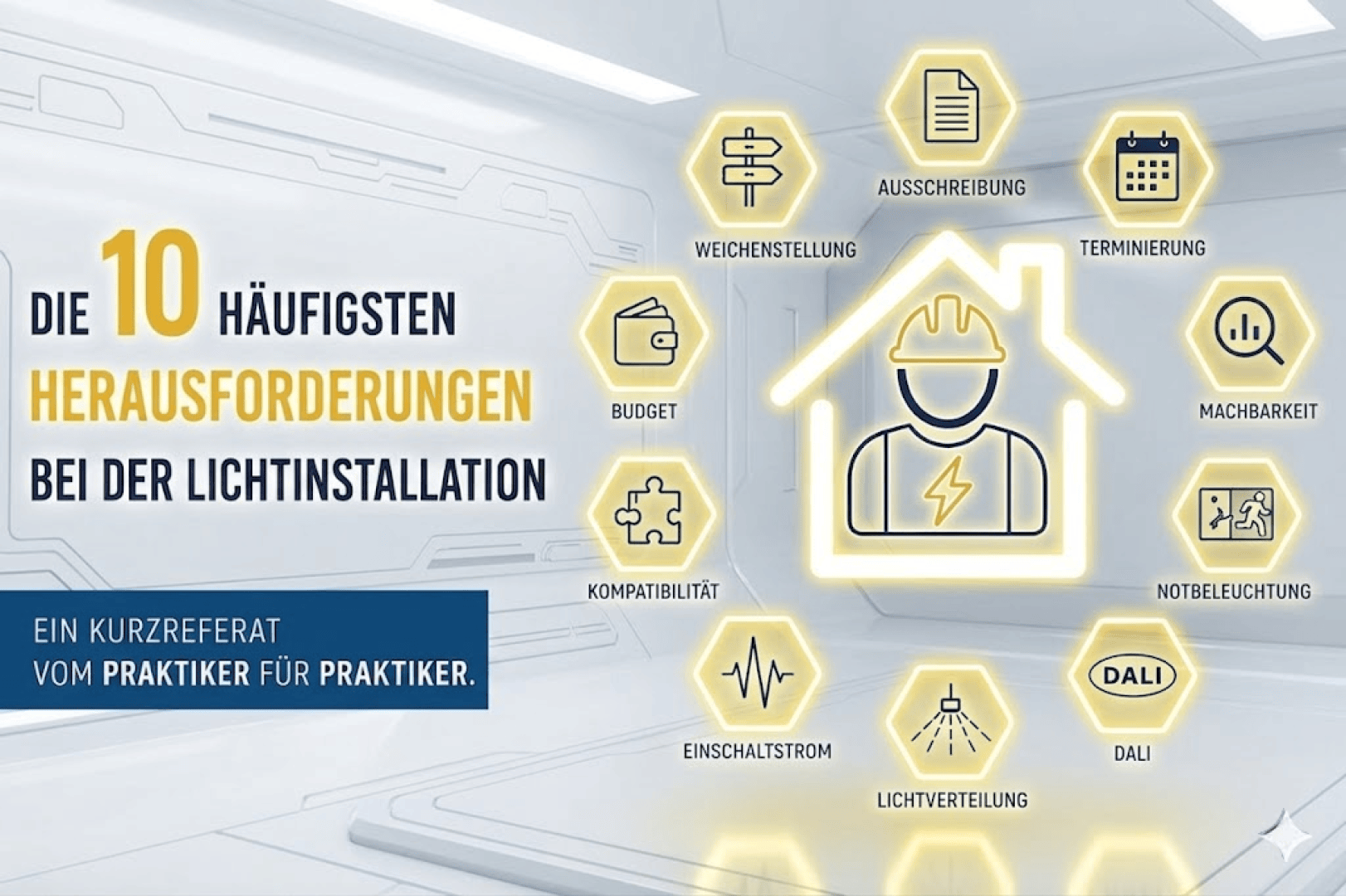 Infographie présentant les 10 principaux défis liés à l'installation de systèmes d'éclairage, avec des icônes représentant une maison et un ouvrier, mettant en avant des notions telles que le budget, le calendrier, la faisabilité, la compatibilité, l'éclairage de secours et les systèmes de commande d'éclairage.