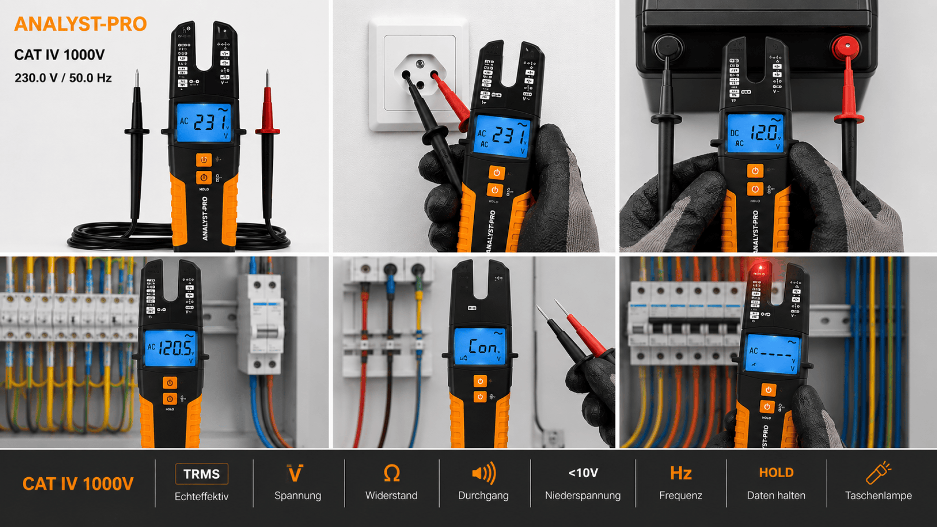 Ein Digitalmultimeter wird bei der Messung von Spannung, Frequenz und Durchgang in verschiedenen elektrischen Anlagen gezeigt, mit Nahaufnahmen der Geräteanzeige und der Messfühler, die an Steckdosen, Unterbrecherkästen und Verdrahtungstafeln verwendet werden. Die Symbole und Funktionen sind unten aufgeführt.