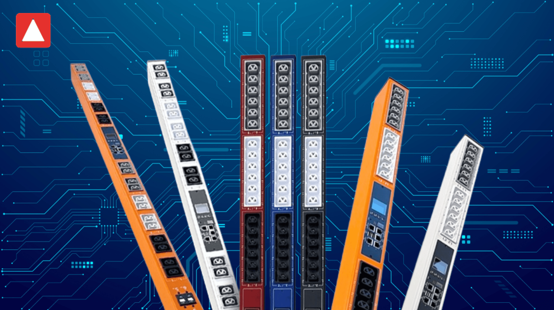 Six unités de distribution d'énergie verticales de différentes couleurs (orange, blanc, rouge, bleu, noir) sont représentées sur un fond bleu en forme de circuit imprimé numérique, avec un logo rouge et blanc dans le coin supérieur gauche.