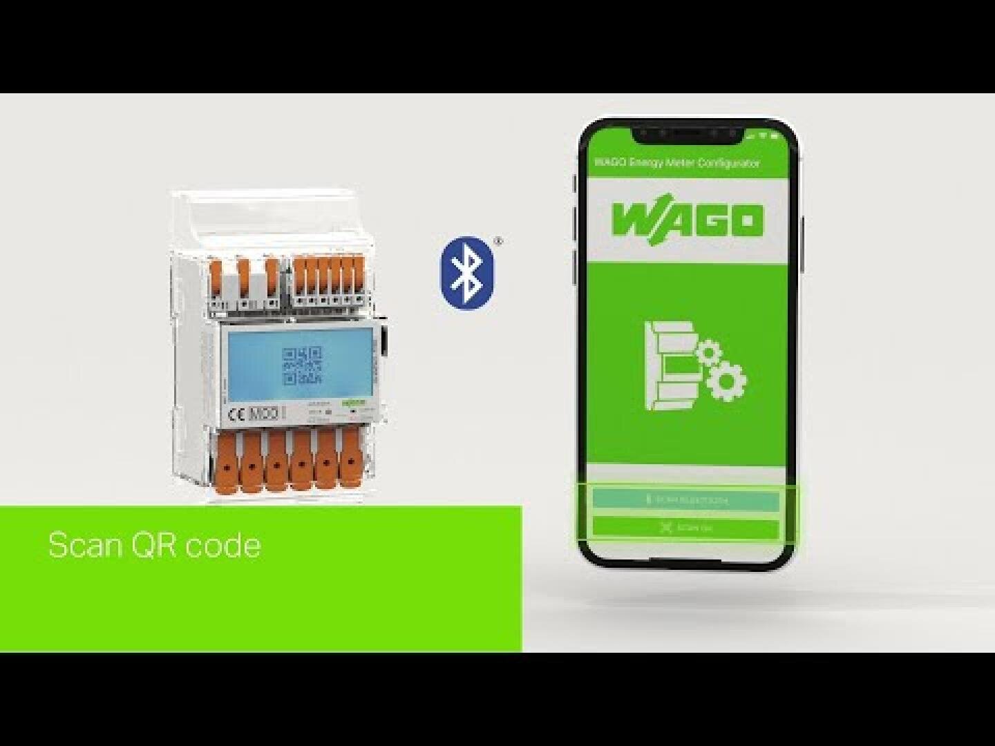 Un appareil à bornes avec un écran LCD est montré à côté d'un smartphone affichant l'application WAGO. Une icône Bluetooth se trouve entre les deux, indiquant une connectivité sans fil. Le texte indique Scanner le code QR en bas à gauche.