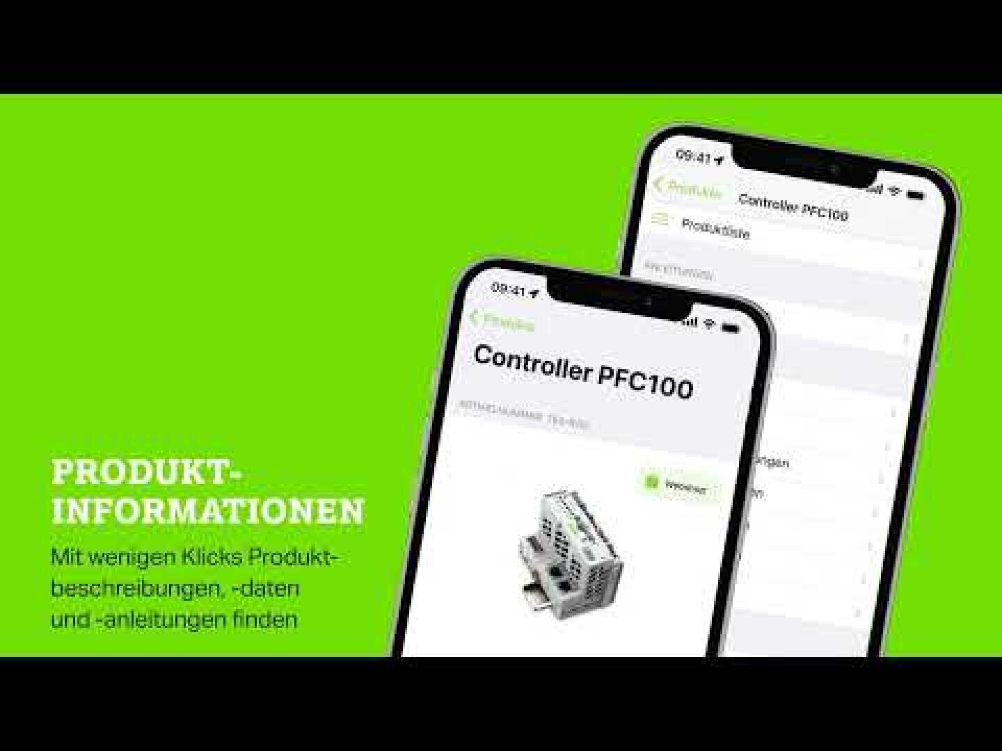 Sur deux smartphones s'affiche une page produit consacrée au contrôleur PFC100, avec une photo de l'appareil. Fond vert. Le texte en allemand, à gauche, contient des informations détaillées sur le produit ainsi que des instructions.