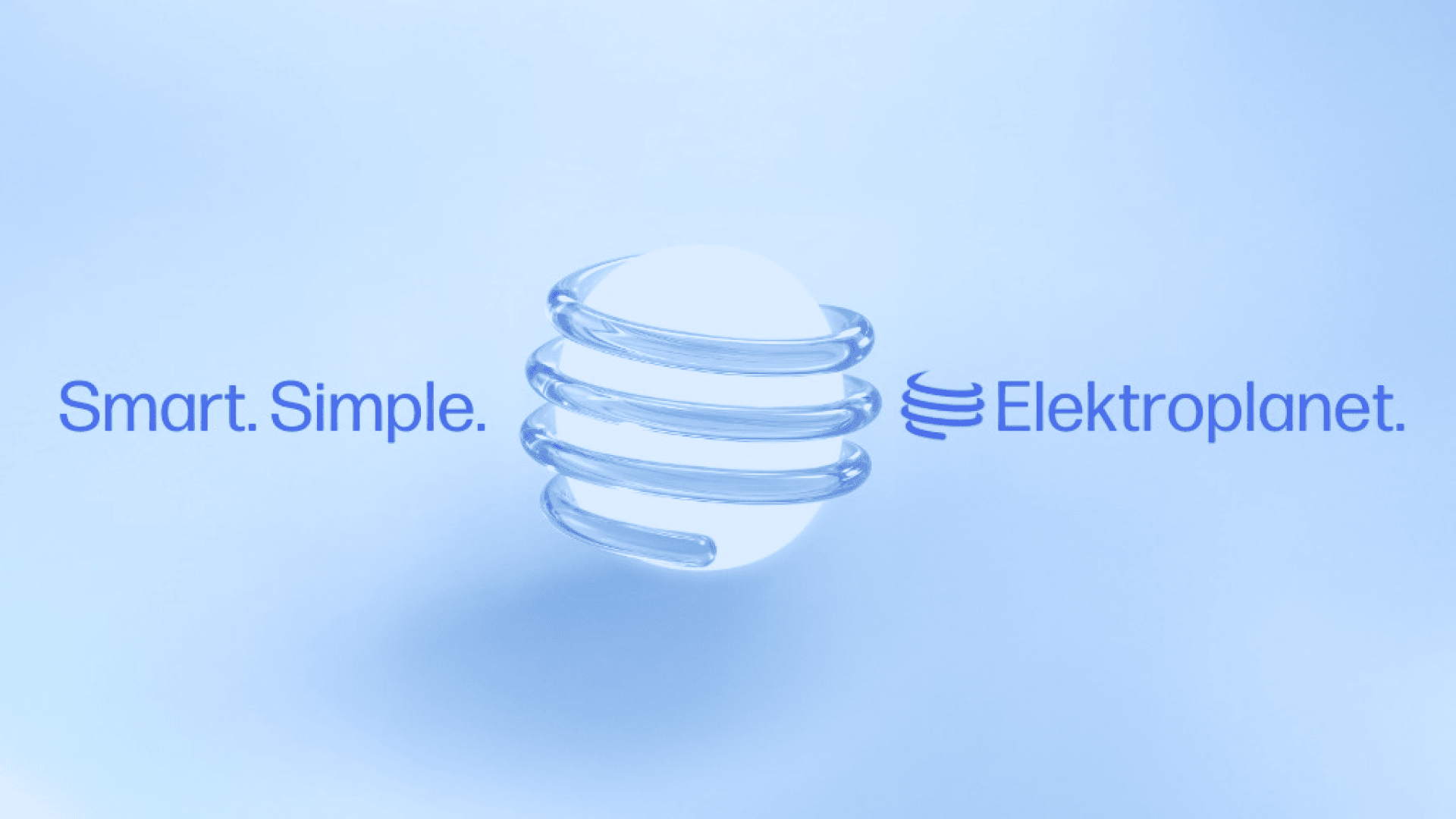 Ein hellblauer Hintergrund mit einer weißen Kugel in der Mitte, die von drei transparenten Ringen umgeben ist. Der Text lautet "Smart. Einfach." auf der linken Seite und "Elektroplanet." mit einem Symbol auf der rechten Seite.