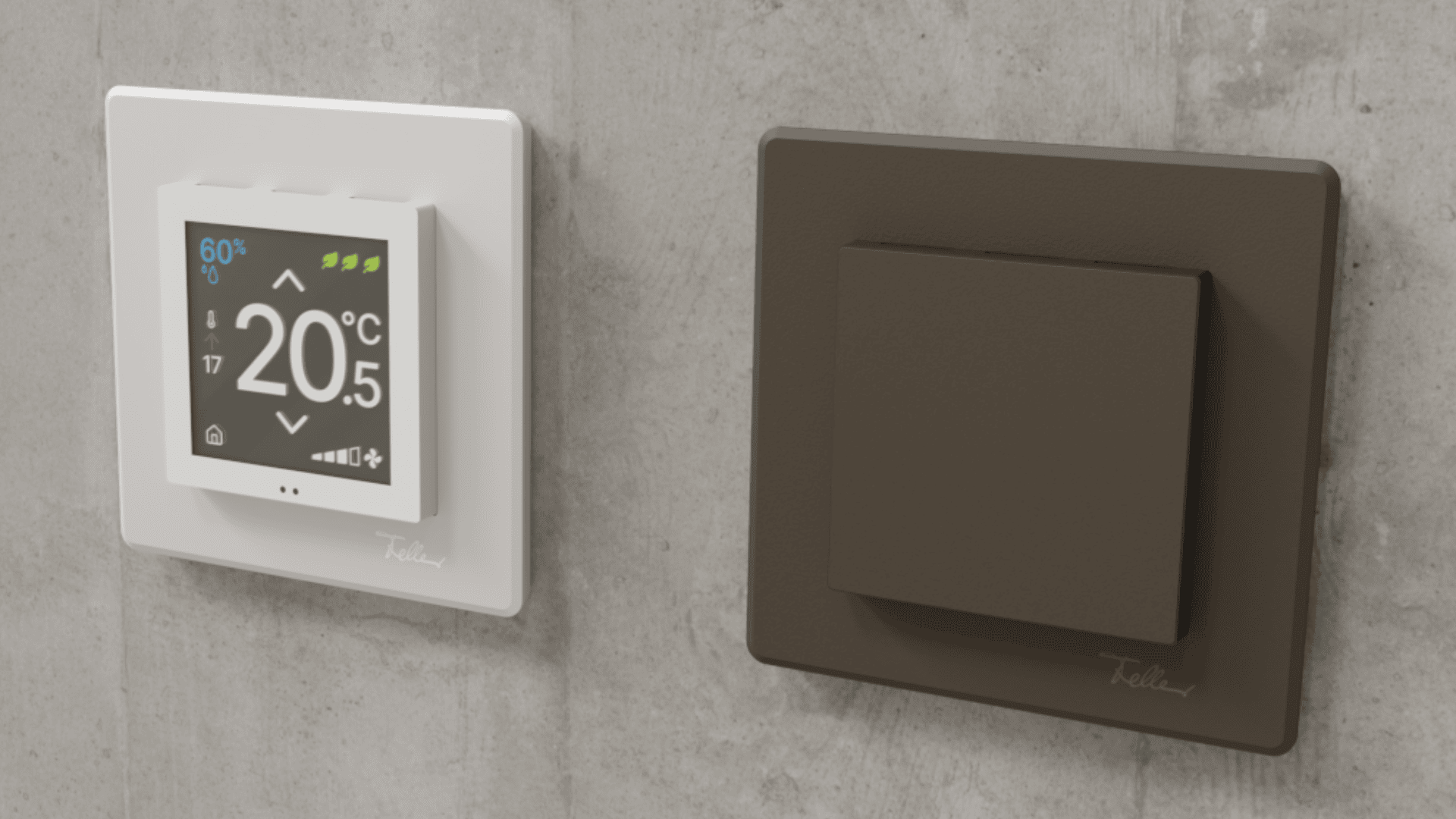Ein modernes weißes digitales Thermostat mit einer Anzeige von 20°C ist neben einem braunen quadratischen Wandschalter an einer Betonwand angebracht. Beide Geräte haben ein minimalistisches Design und den Markennamen Teclion auf der Unterseite.