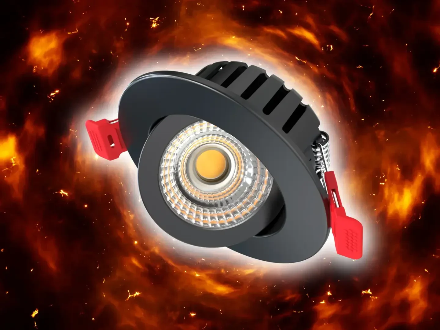On voit ici un plafonnier LED encastré, doté d'un cadre noir et de clips de fixation rouges, sur un fond rouge vif et lumineux.