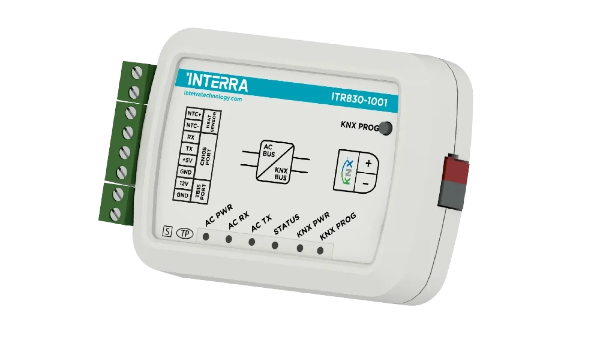 Un module d'interface KNX IntERRA ITR830-1001 de couleur blanche, doté de bornes identifiées, de voyants lumineux, d'un bouton de programmation KNX et d'un port de connexion latéral, présenté sur un fond clair.