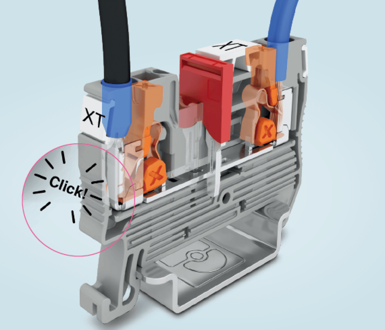 Nahaufnahme einer Klemmenleiste mit zwei eingeführten Drähten, die die internen Kupferkontakte und einen hervorgehobenen Abschnitt mit der Beschriftung Click! zeigt, der eine sichere Drahtverbindung anzeigt.