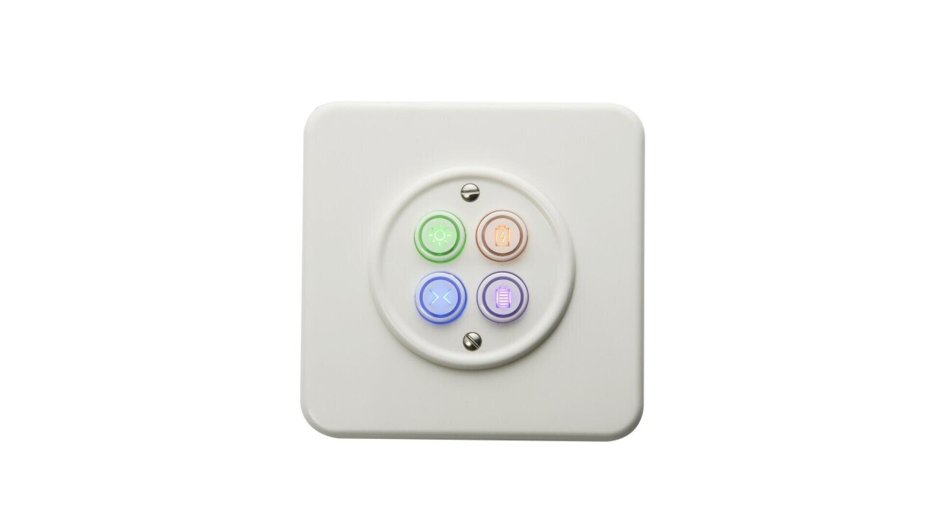 Panneau de commande mural carré blanc comportant quatre boutons circulaires codés par couleur, chacun doté d'une icône différente, disposés selon une grille de 2 x 2 sur un fond blanc uni.