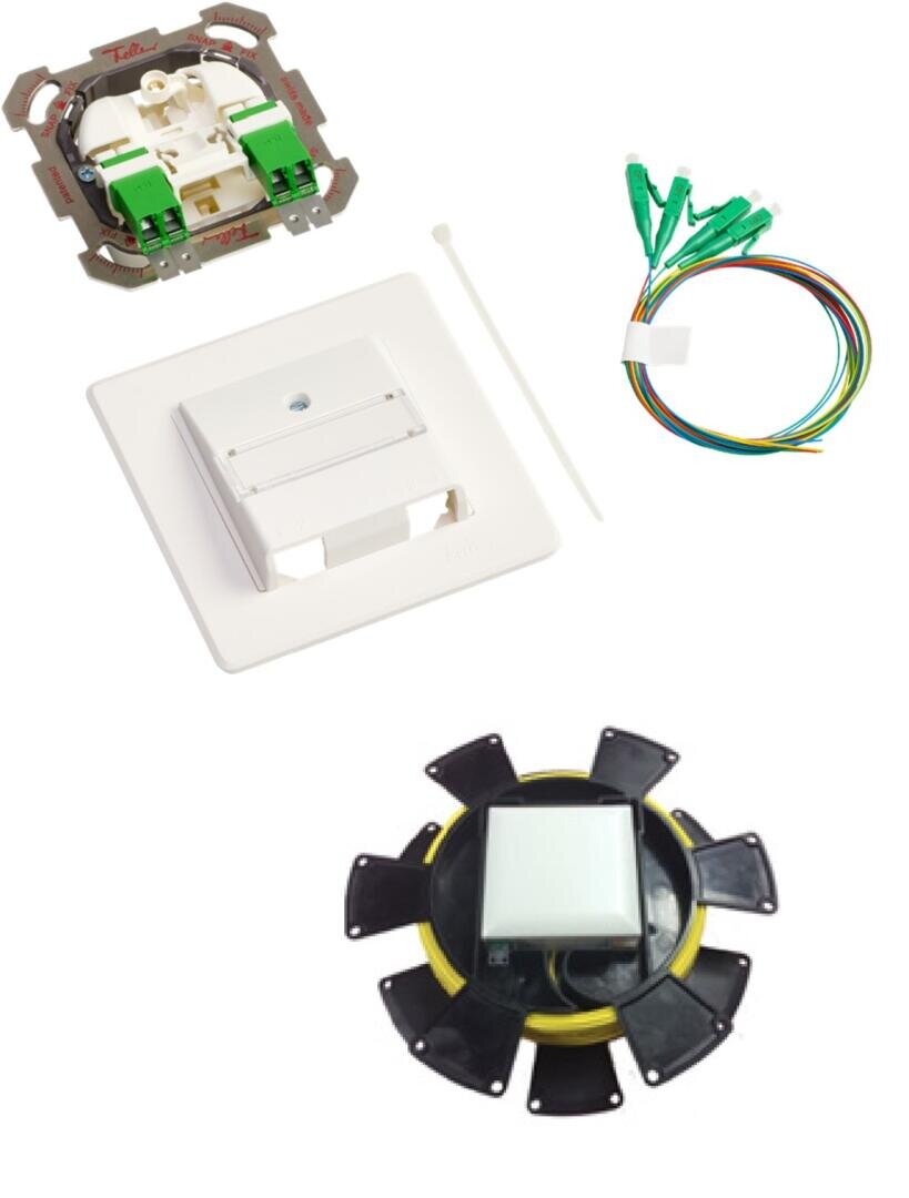 Un kit de composants pour le câblage structuré, comprenant une plaque murale Keystone, un module de connexion réseau, un serre-câble, des câbles de raccordement colorés et une bobine ronde noire pour la gestion des câbles.
