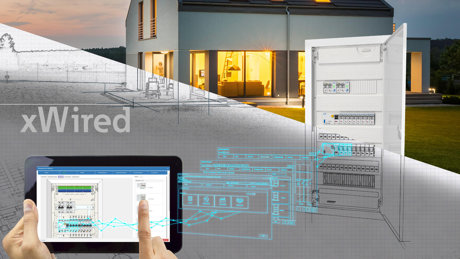 Eine Person verwendet ein Tablet, um einen digitalen Schaltplan einer elektrischen Schalttafel zu überwachen, der über ein modernes Haus in der Abenddämmerung gelegt wird und die intelligente Hausautomatisierung und Fernverwaltung des Systems veranschaulicht.
