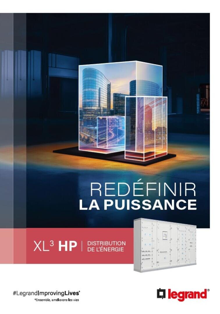 Une affiche numérique qui montre un paysage urbain avec des bâtiments modernes à l'intérieur d'un cube lumineux. Le texte français est Redéfinir la puissance et XL³ HP Distribution de lénergie. Le logo Legrand et une armoire électrique apparaissent en bas.